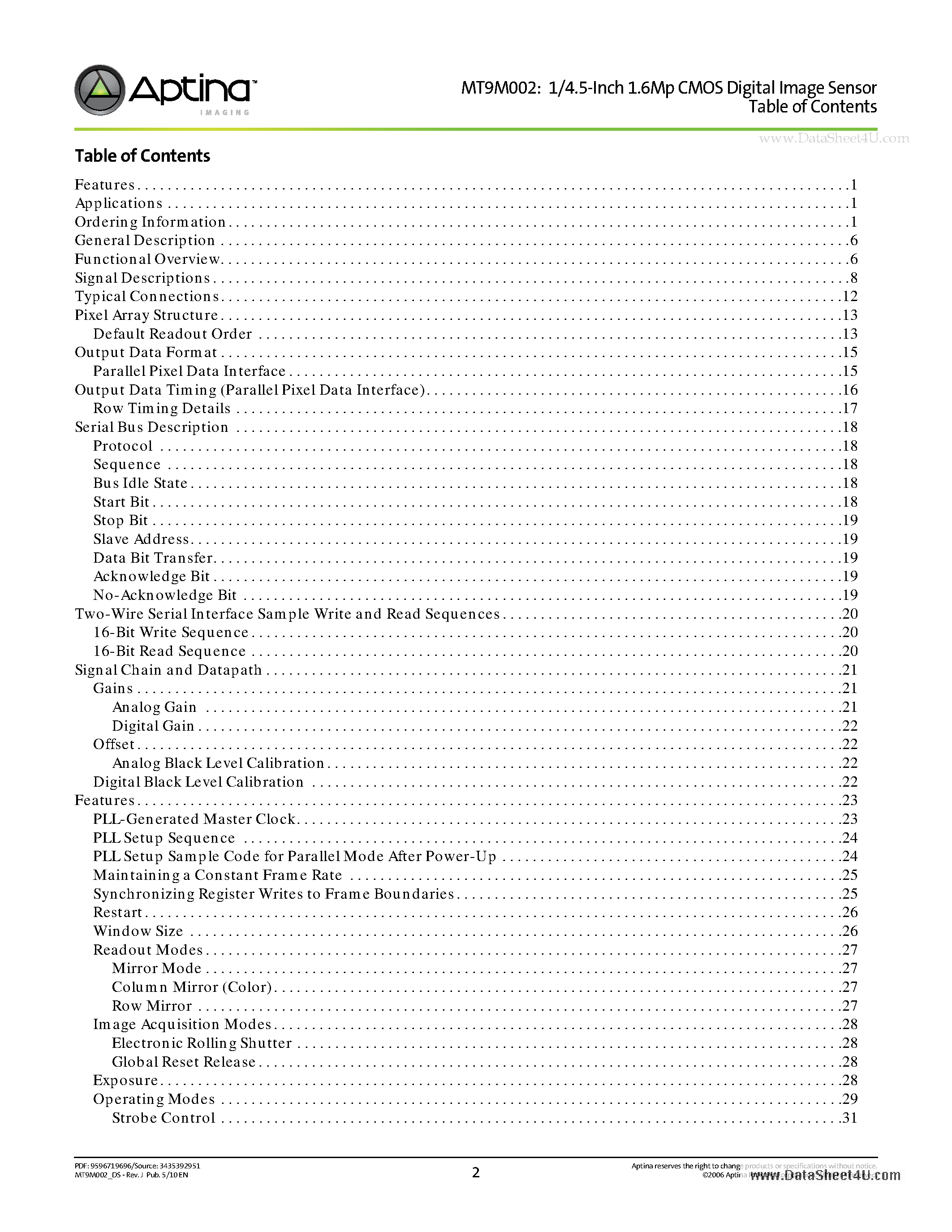 Datasheet MT9M002 page 2 Datasheet MT9M002 - 1/4.5-Inch 1.6Mp CMOS Digital Image Sensor page 2