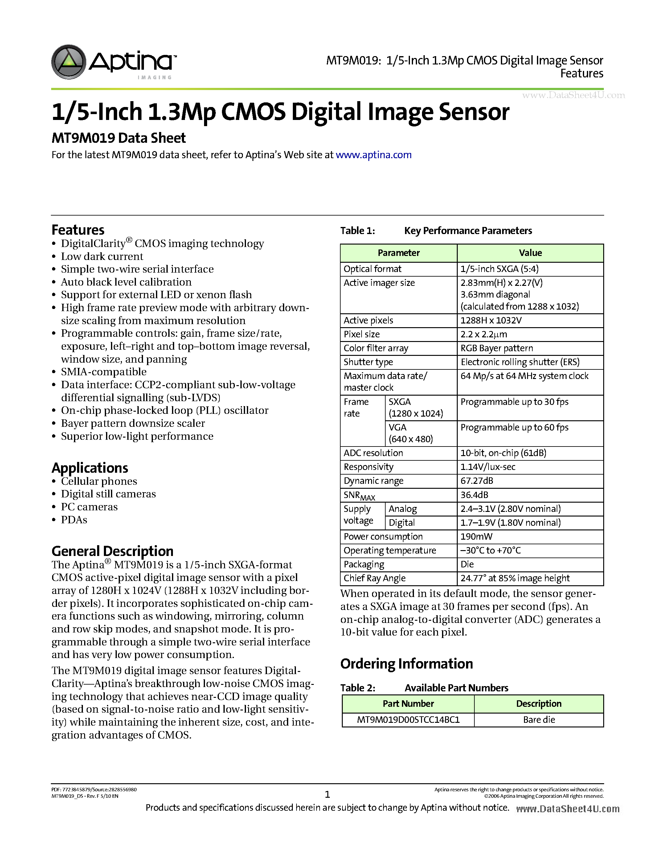 Datasheet MT9M019 - 1/5-Inch 1.3Mp CMOS Digital Image Sensor page 1