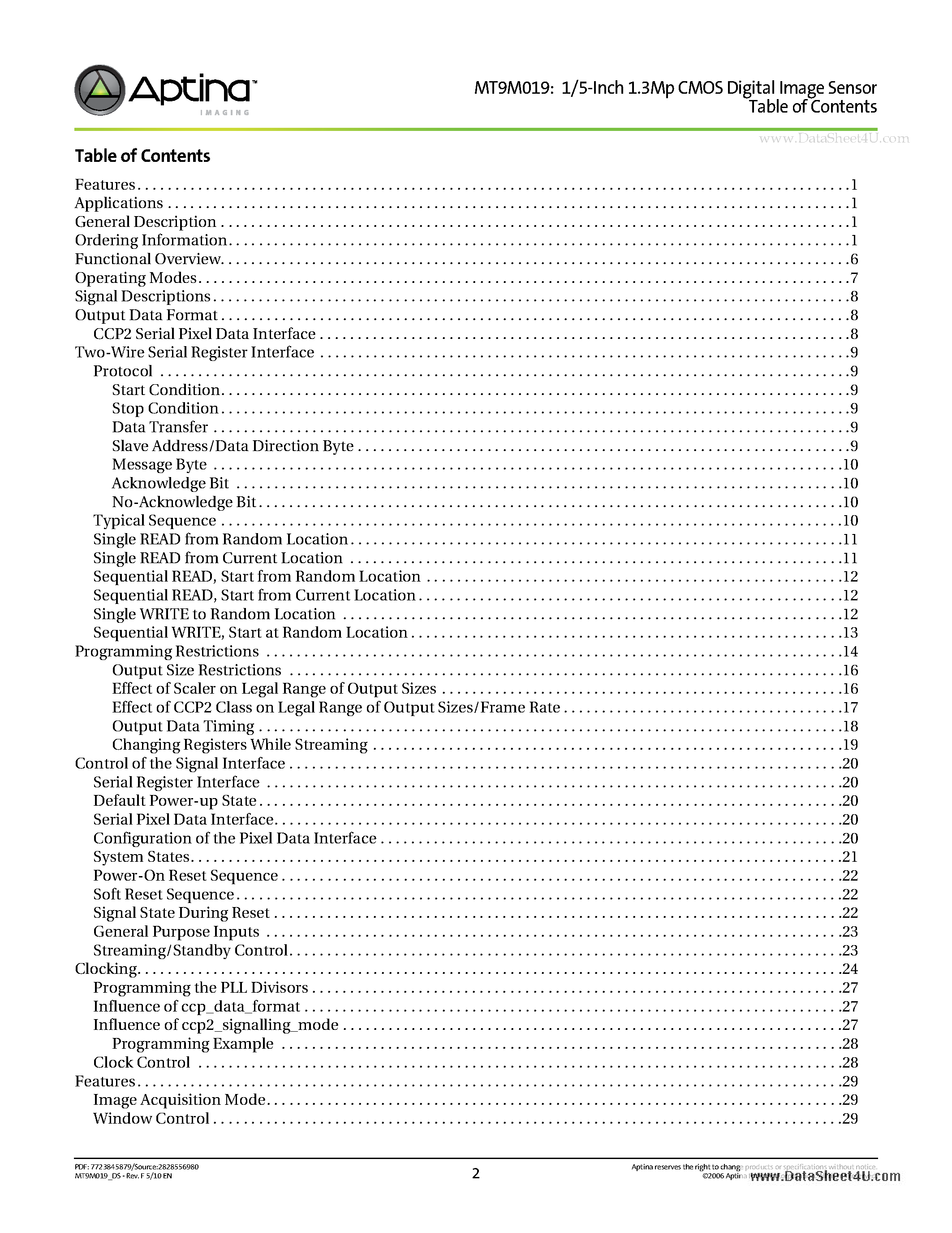 Datasheet MT9M019 - 1/5-Inch 1.3Mp CMOS Digital Image Sensor page 2