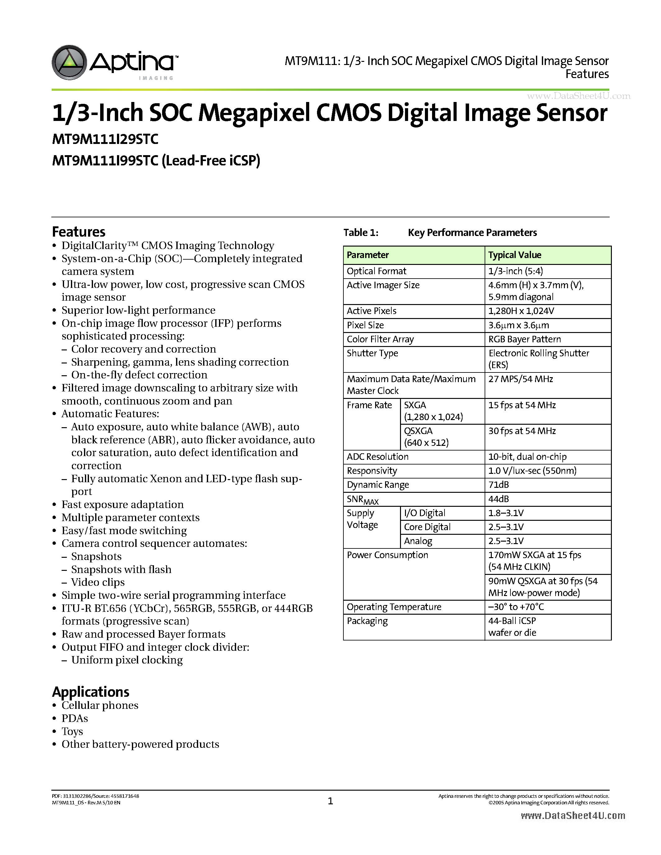 Datasheet MT9M111 - 1/3-Inch SOC Megapixel CMOS Digital Image Sensor page 1
