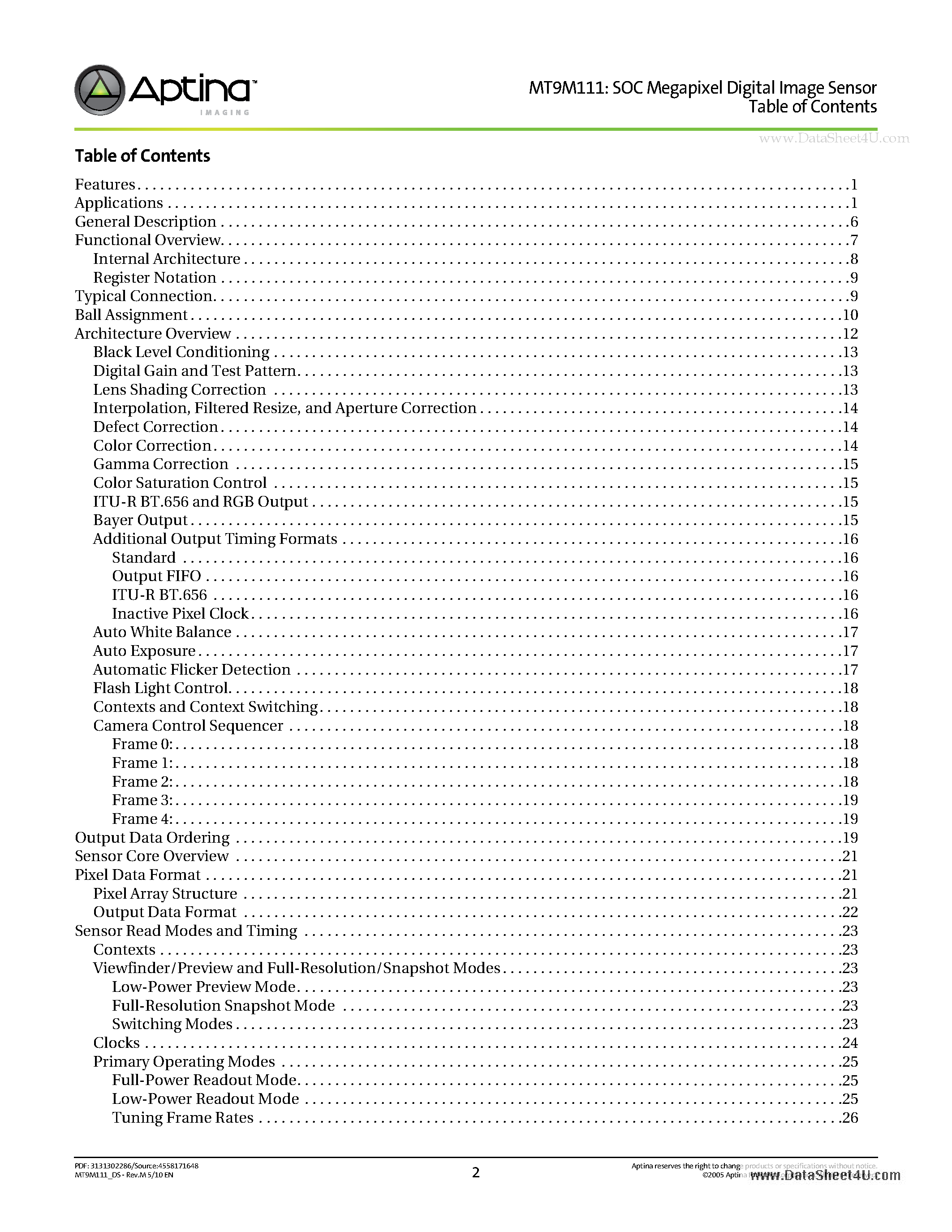 Datasheet MT9M111 - 1/3-Inch SOC Megapixel CMOS Digital Image Sensor page 2