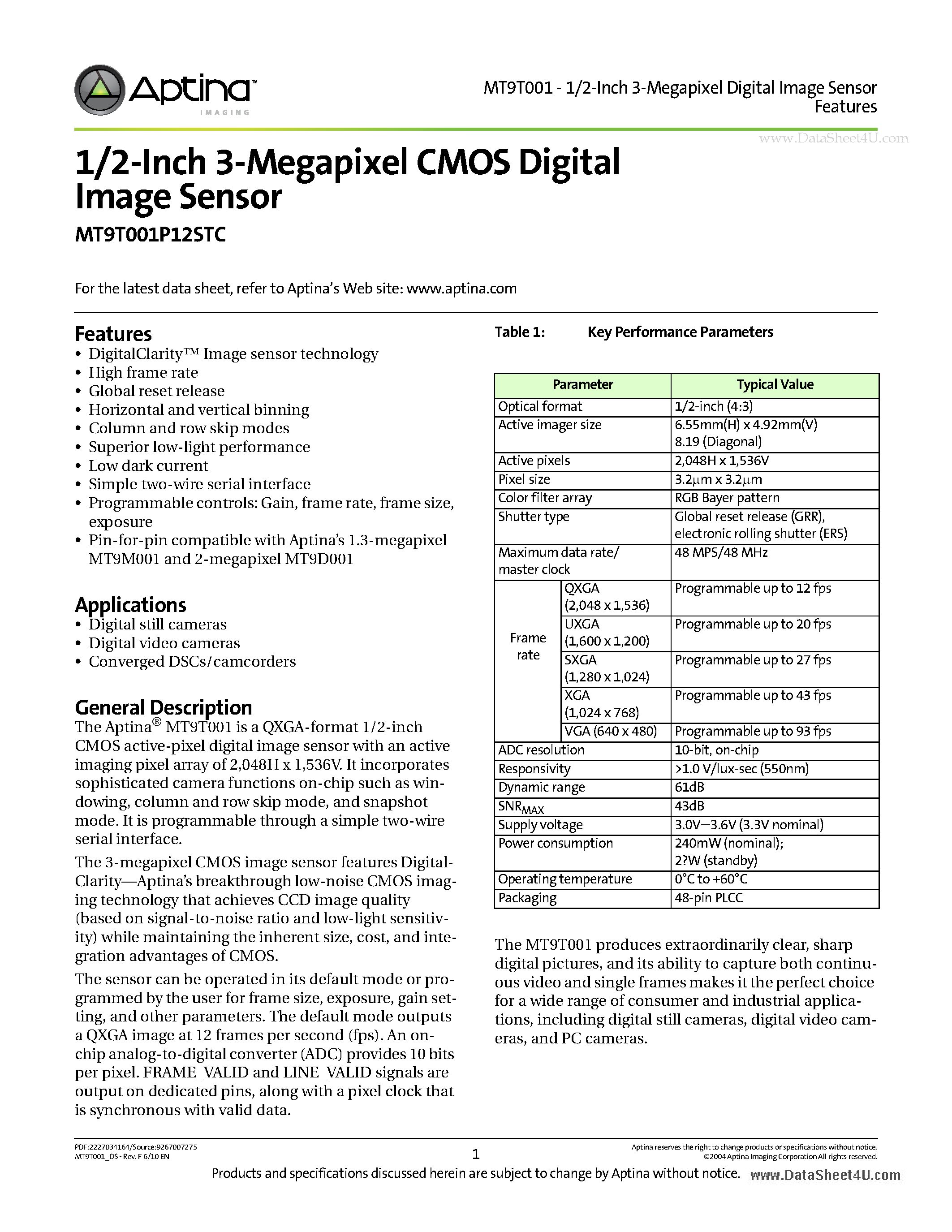 Datasheet MT9T001P12STC - 1/2-Inch 3-Megapixel CMOS Digital Image Sensor page 1