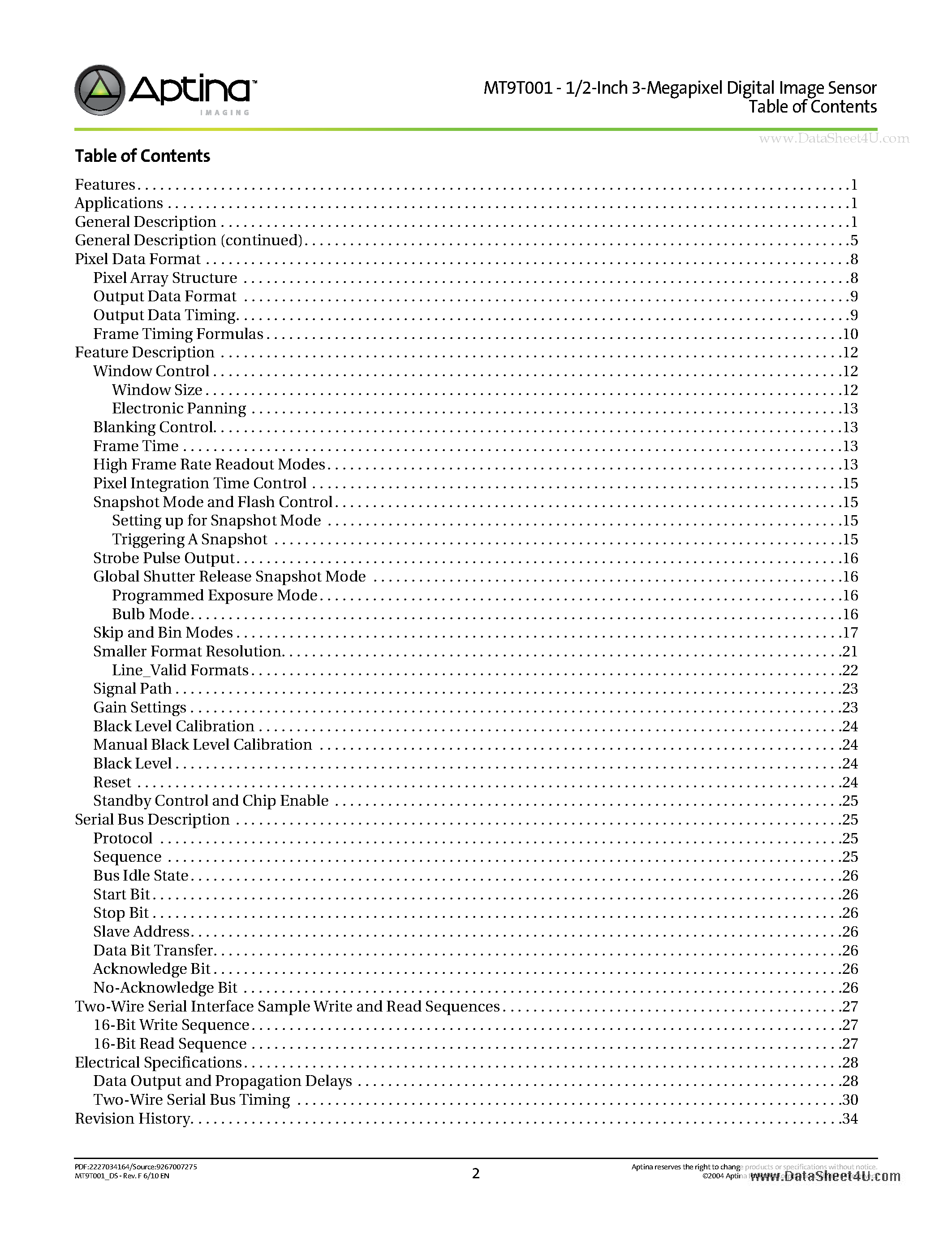 Datasheet MT9T001P12STC - 1/2-Inch 3-Megapixel CMOS Digital Image Sensor page 2