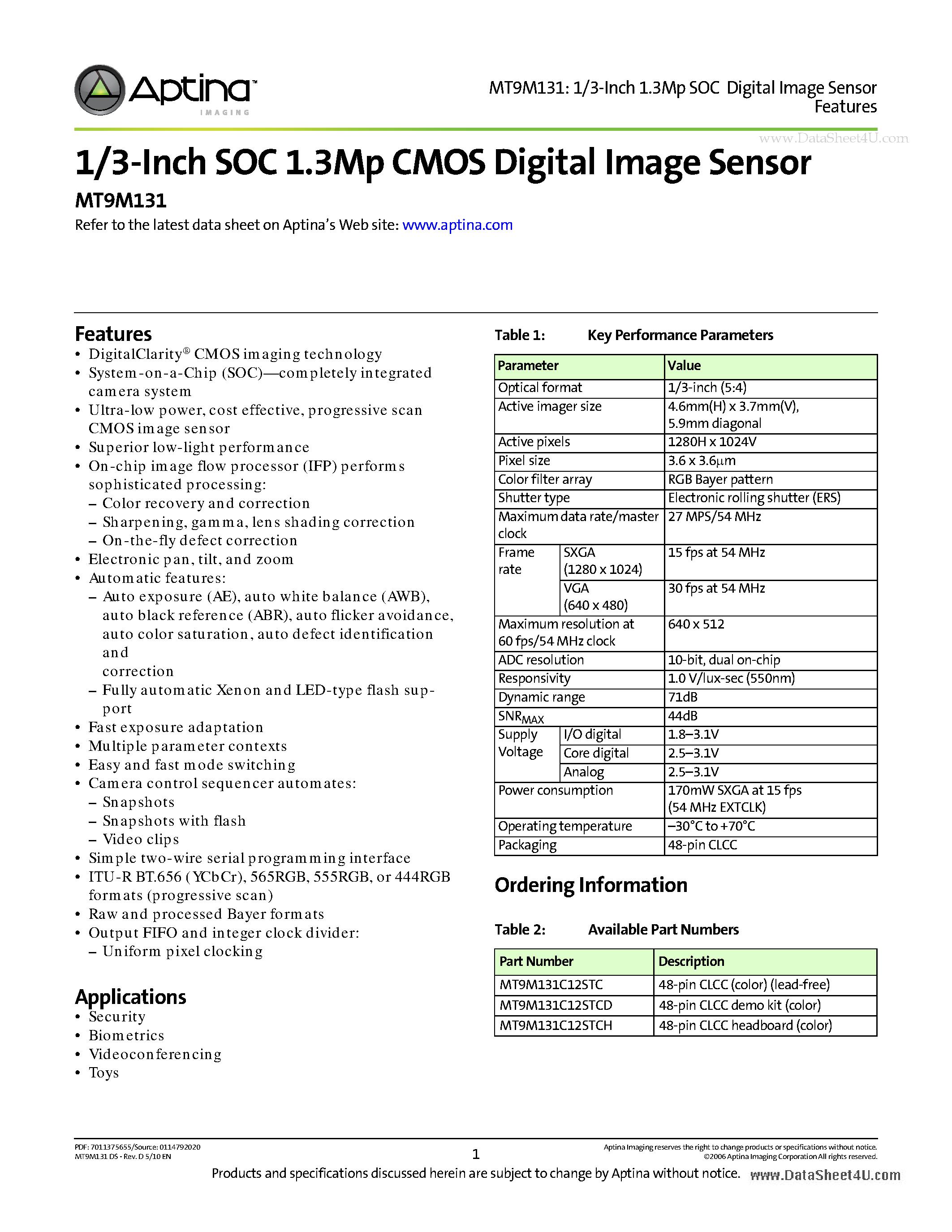 Datasheet MT9M131 - 1/3-Inch SOC 1.3Mp CMOS Digital Image Sensor page 1