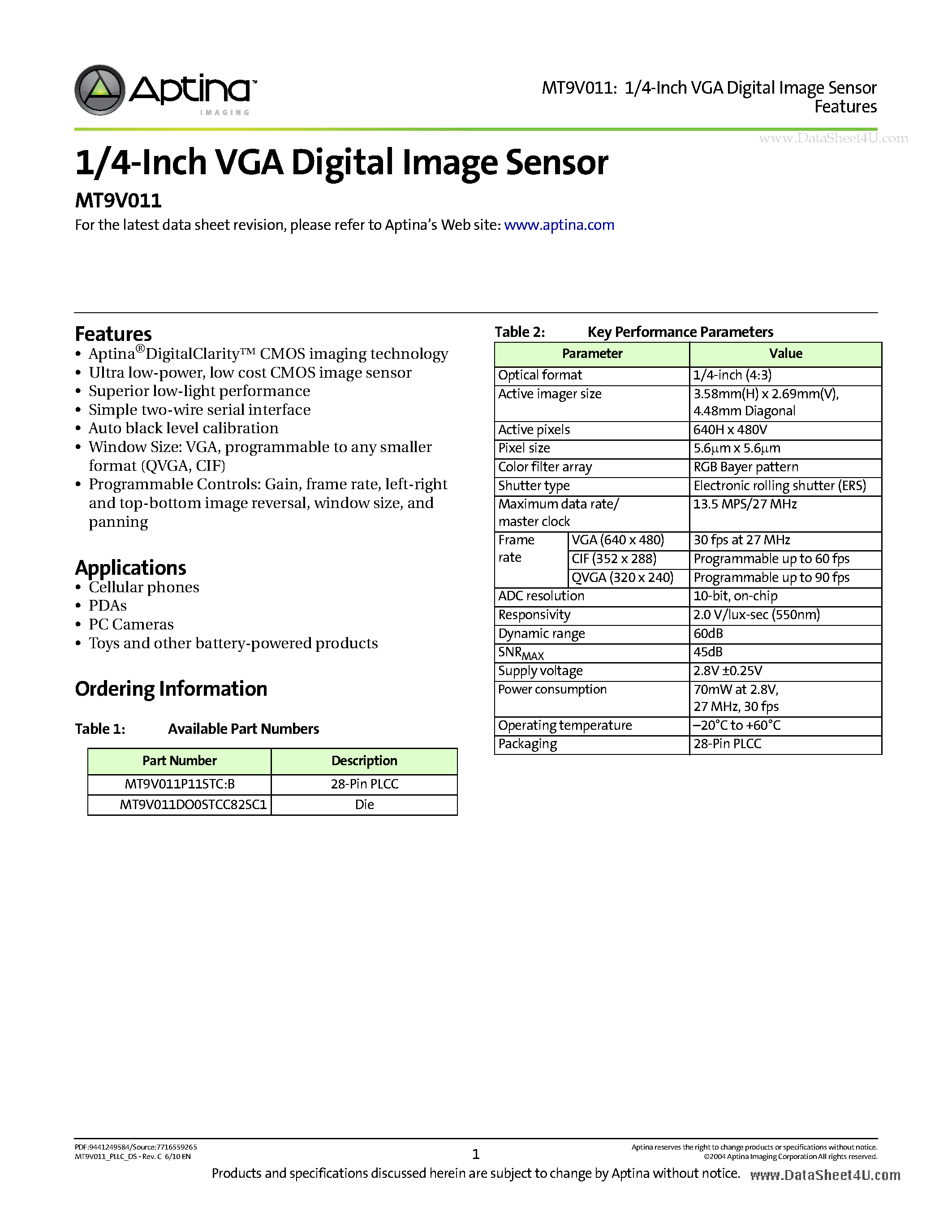 Datasheet MT9V011 page 1 Datasheet MT9V011 - 1/4-Inch VGA Digital Image Sensor page 1
