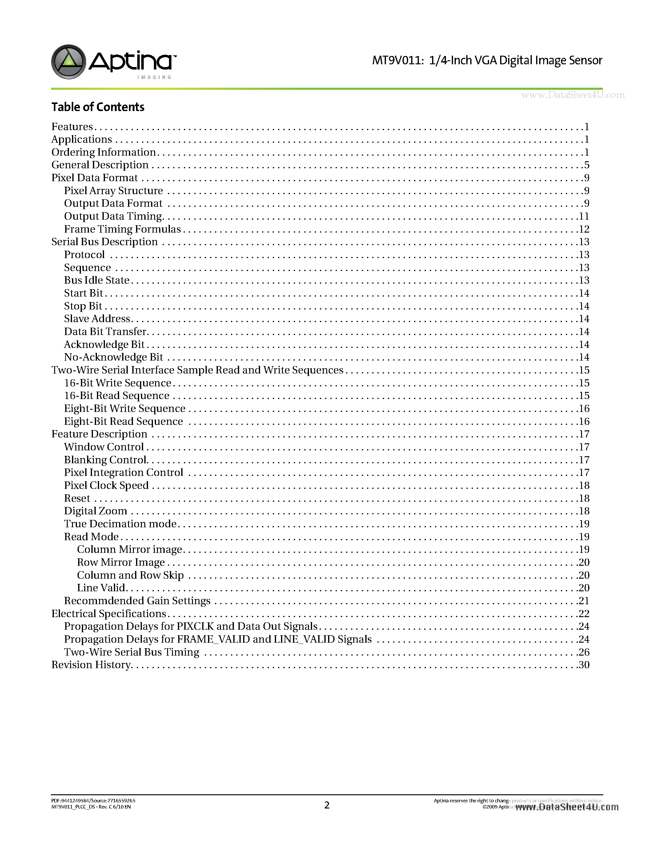 Datasheet MT9V011 page 2 Datasheet MT9V011 - 1/4-Inch VGA Digital Image Sensor page 2