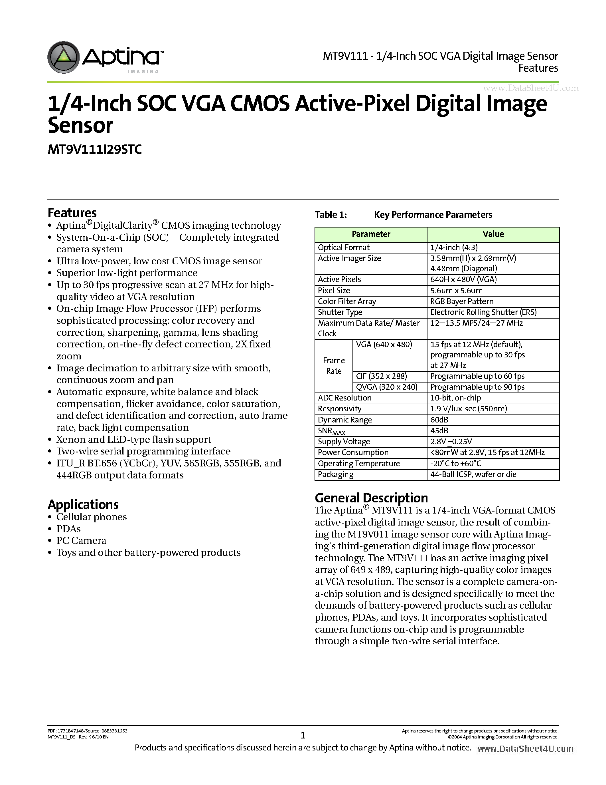 Datasheet MT9V111 page 1 Datasheet MT9V111 - 1/4-Inch SOC VGA CMOS Active-Pixel Digital Image Sensor page 1