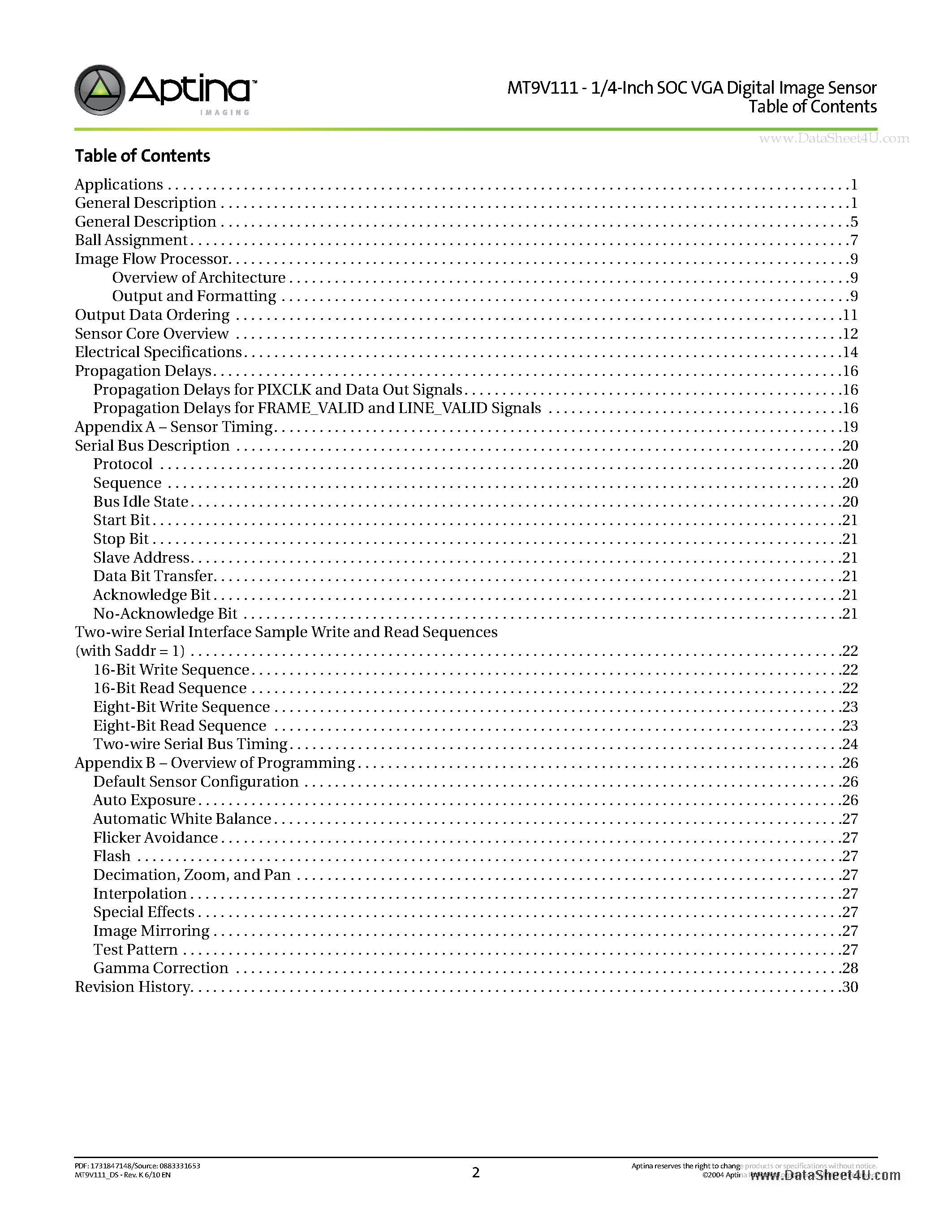 Datasheet MT9V111 page 2 Datasheet MT9V111 - 1/4-Inch SOC VGA CMOS Active-Pixel Digital Image Sensor page 2