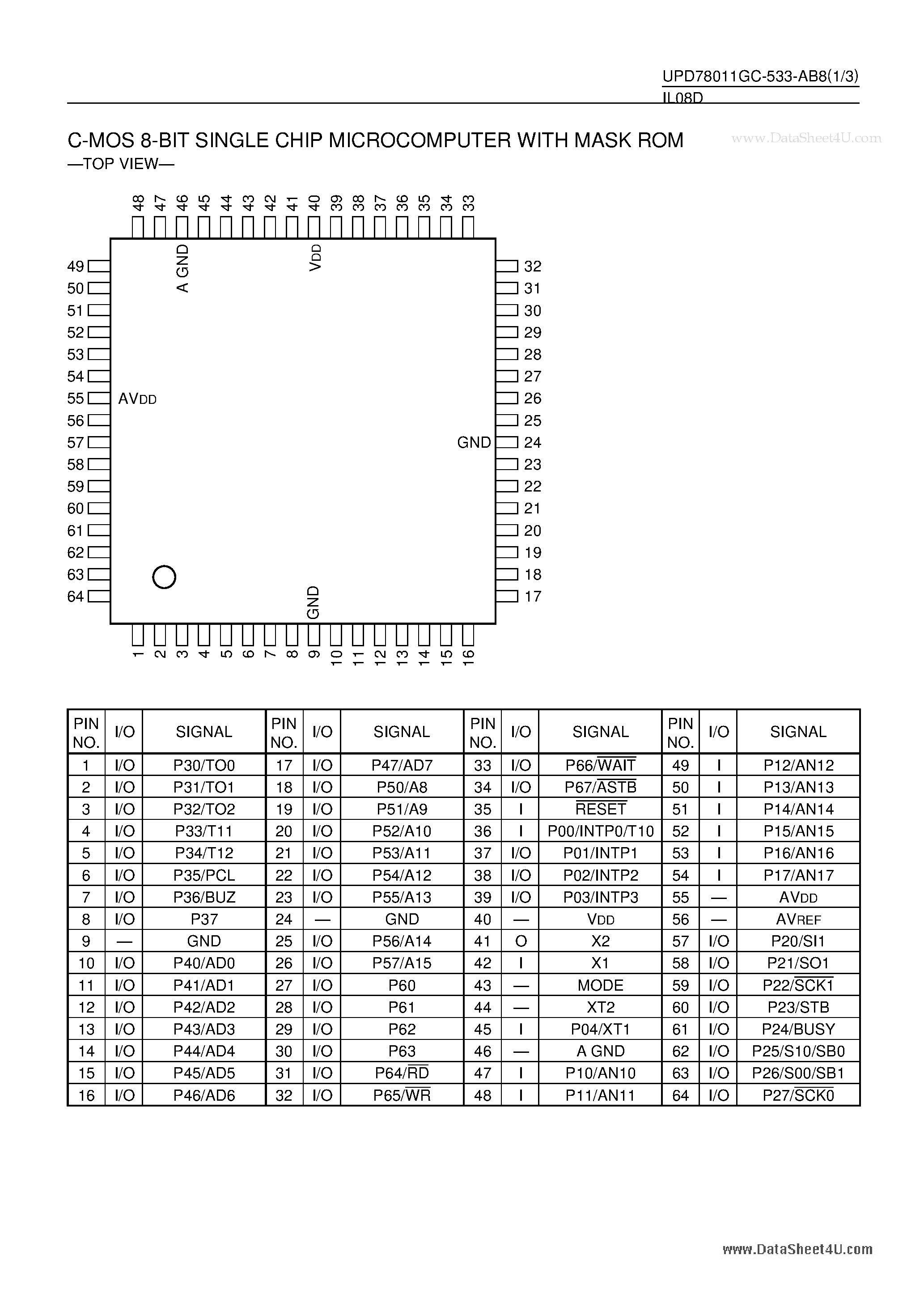 Datasheet UPD78011GC-533-AB8 page 1 Datasheet UPD78011GC-533-AB8 - C-MOS 8-BIT SINGLE CHIP MICROCOMPUTER page 1