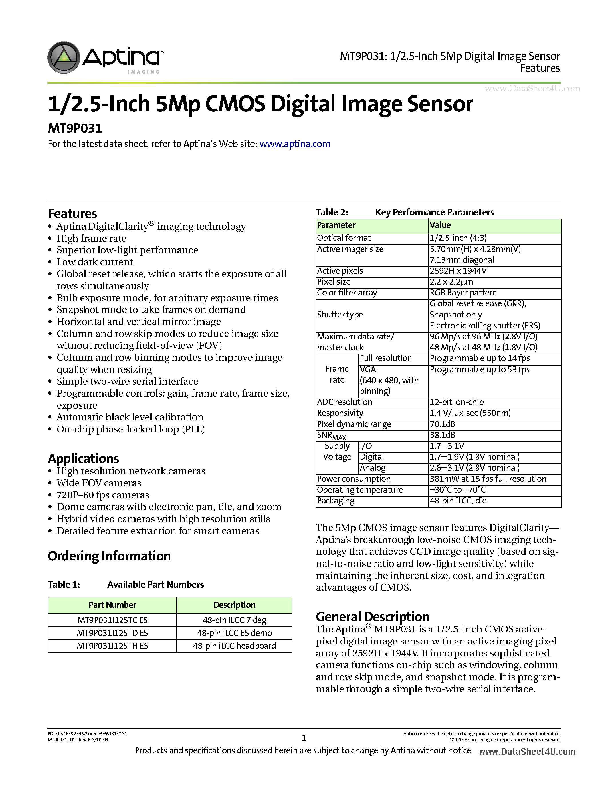 Datasheet MT9P031 - 1/2.5-Inch 5Mp CMOS Digital Image Sensor page 1
