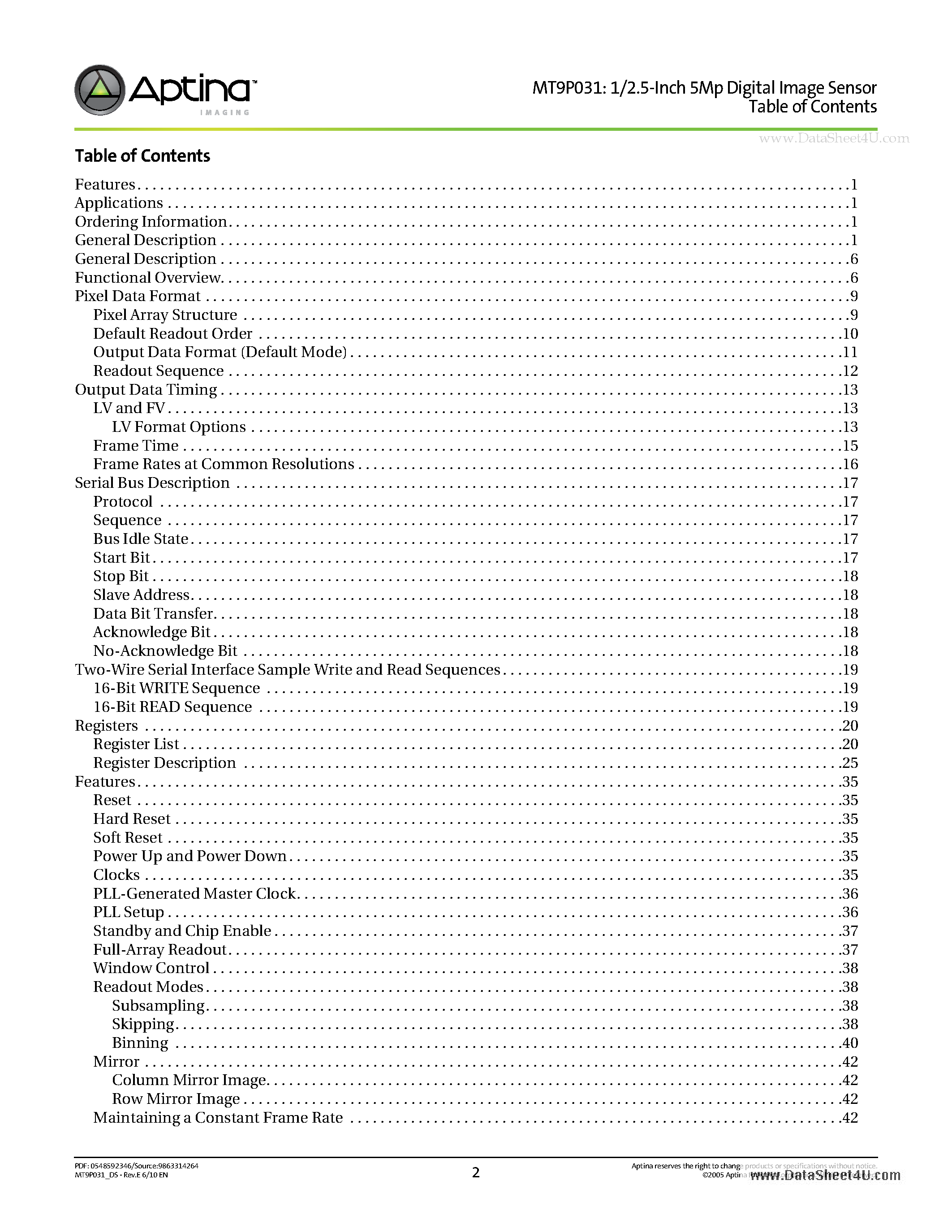 Datasheet MT9P031 - 1/2.5-Inch 5Mp CMOS Digital Image Sensor page 2
