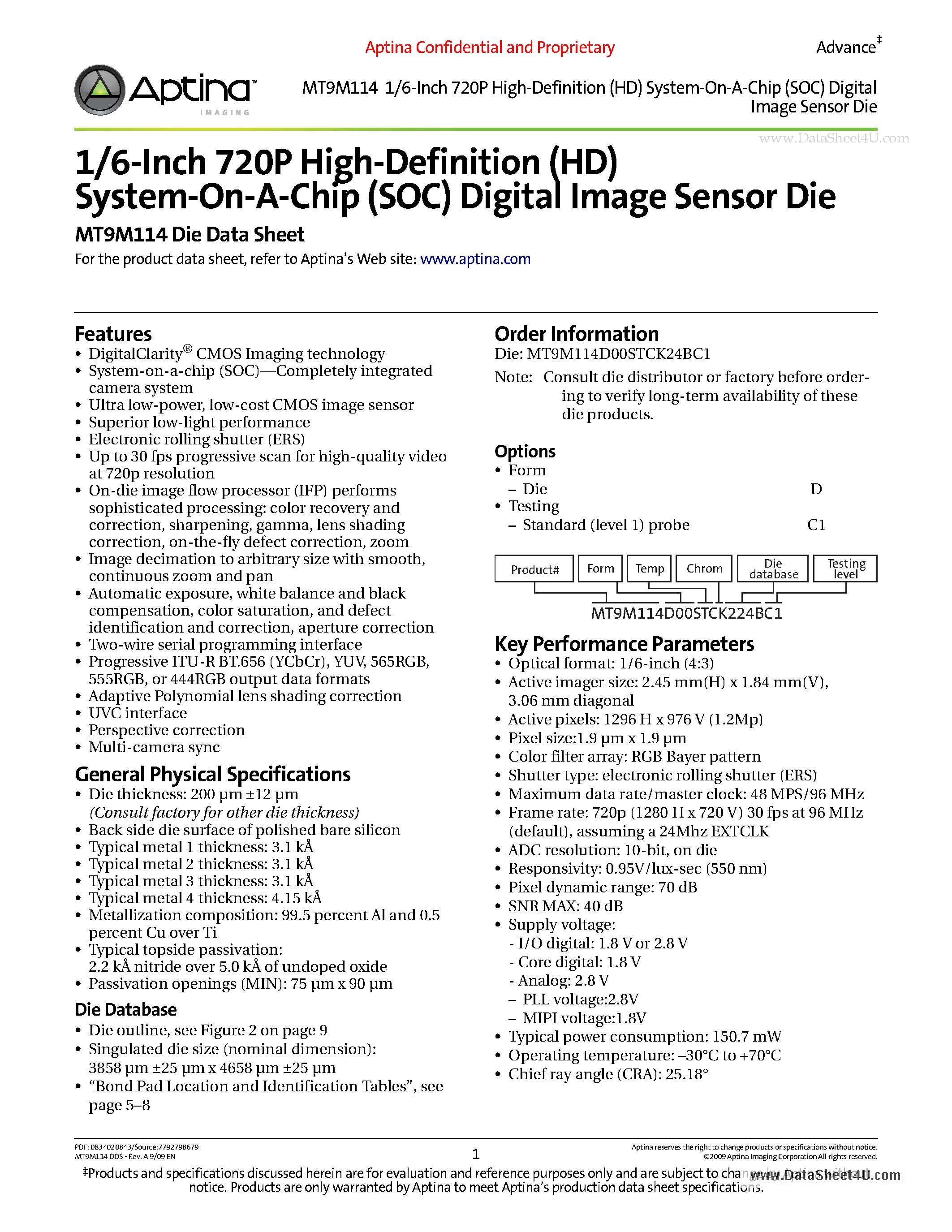 Даташит MT9M114 - 1/6-Inch 720P High-Definition (HD) System-On-A-Chip (SOC) Digital Image Sensor Die страница 1