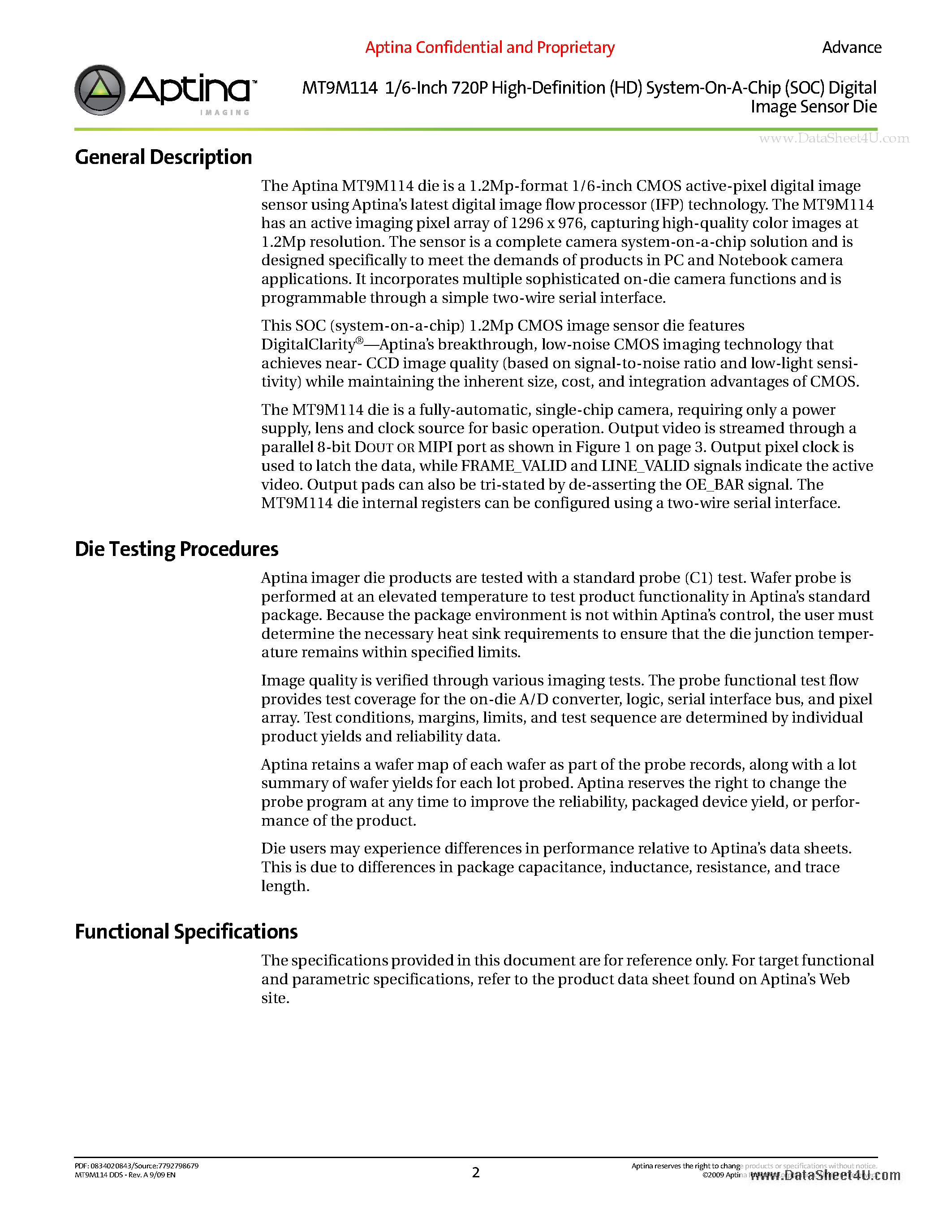 Даташит MT9M114 - 1/6-Inch 720P High-Definition (HD) System-On-A-Chip (SOC) Digital Image Sensor Die страница 2