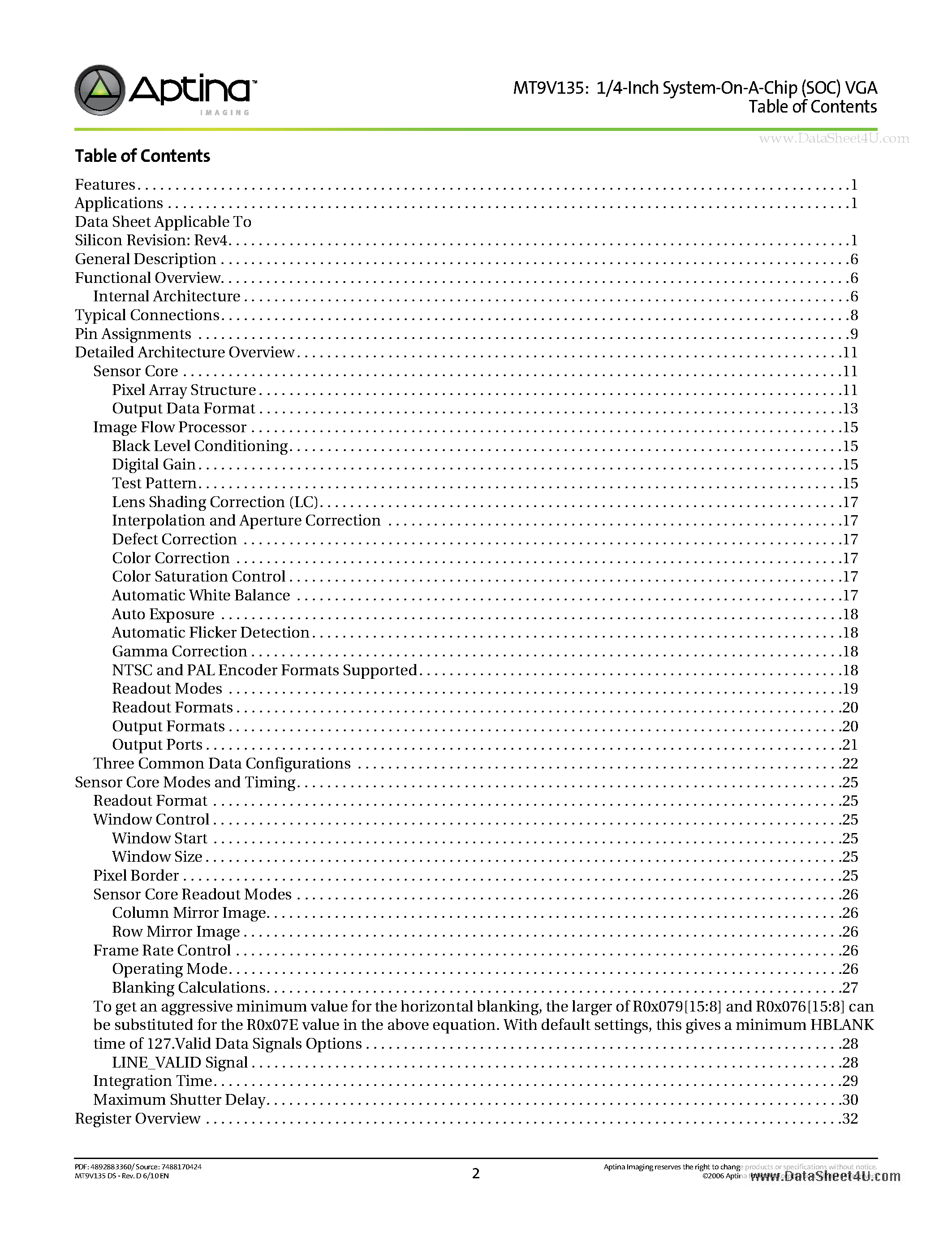 Datasheet MT9V135 page 2 Datasheet MT9V135 - 1/4-Inch System-On-A-Chip (SOC) VGA NTSC and PAL CMOS Digital Image Sensor page 2