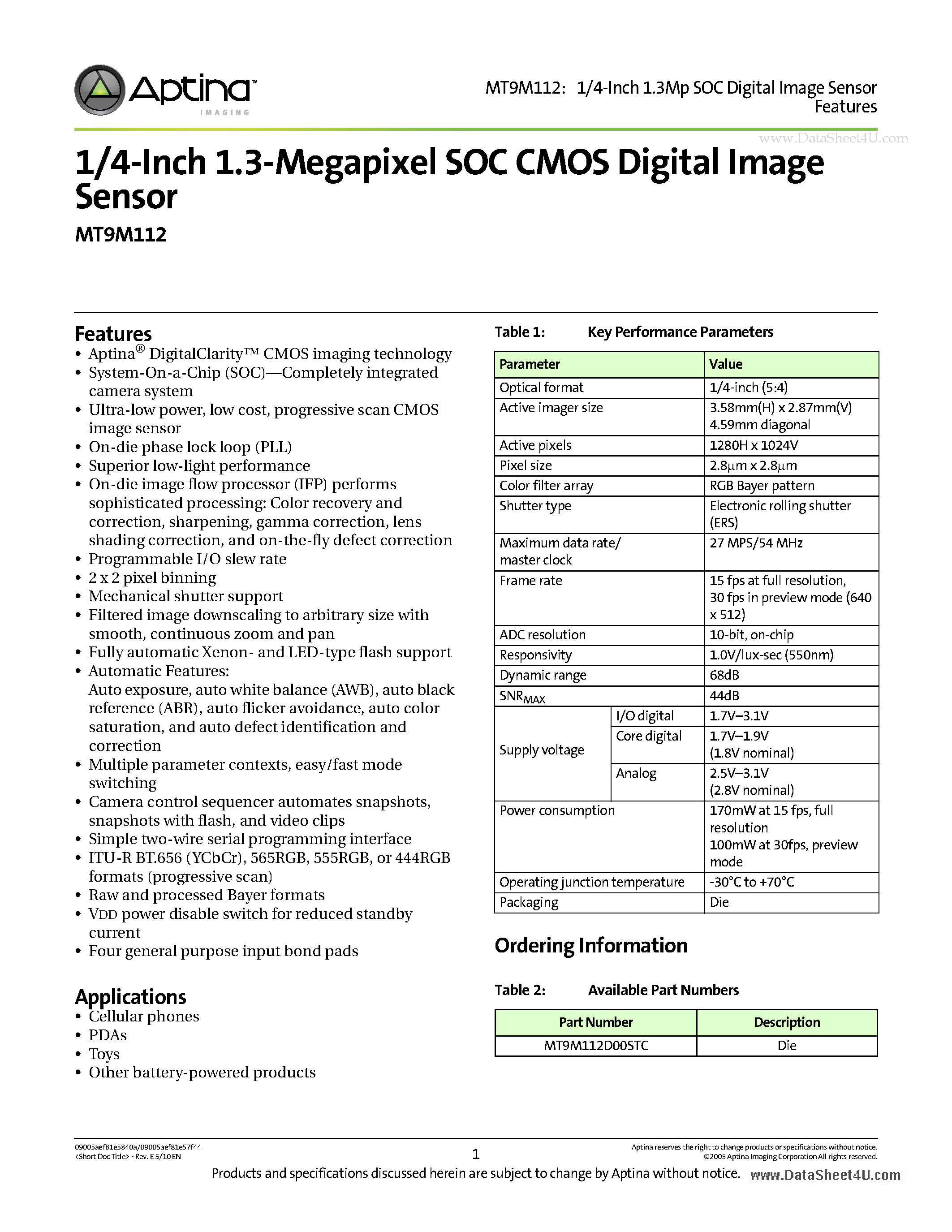 Datasheet MT9M112 - 1/4-Inch 1.3-Megapixel SOC CMOS Digital Image Sensor page 1