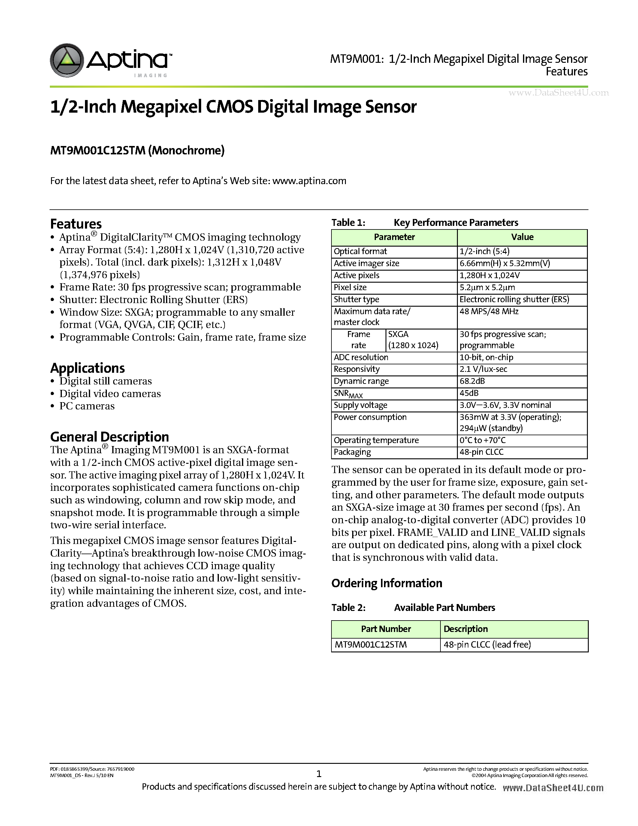 Datasheet MT9M001 - 1/2-Inch Megapixel CMOS Digital Image Sensor page 1