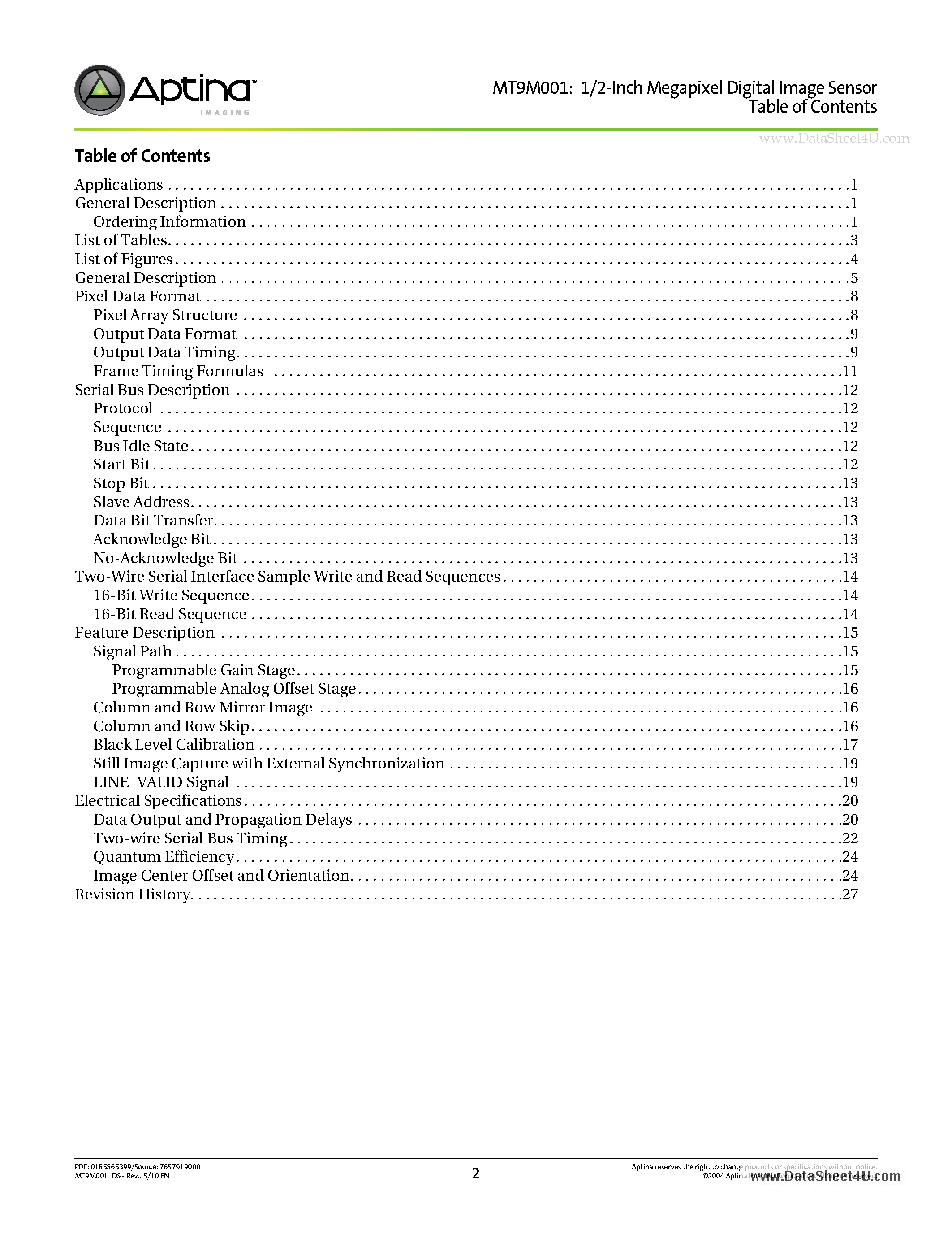 Datasheet MT9M001 - 1/2-Inch Megapixel CMOS Digital Image Sensor page 2
