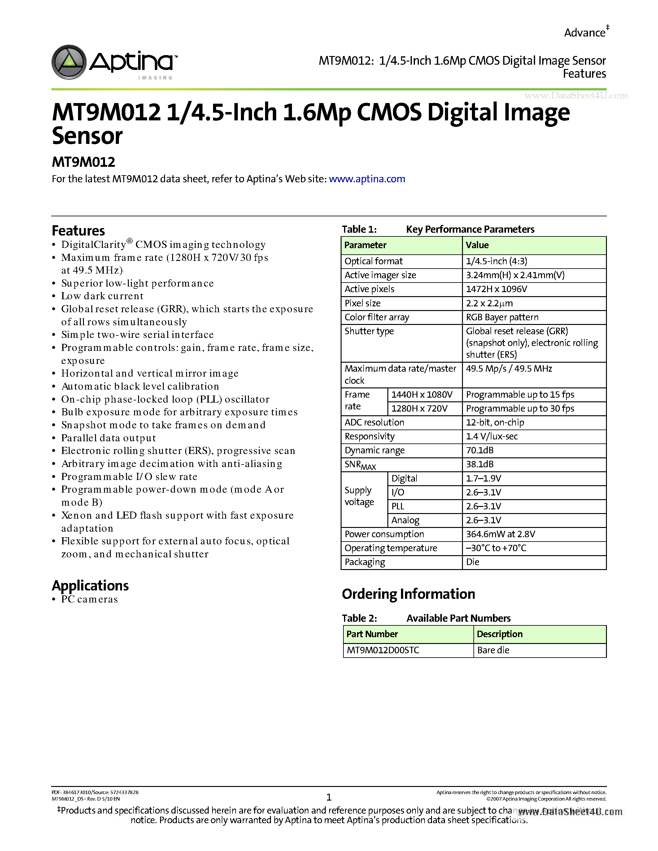 Datasheet MT9M012 page 1 Datasheet MT9M012 - 1/4.5-Inch 1.6Mp CMOS Digital Image Sensor page 1