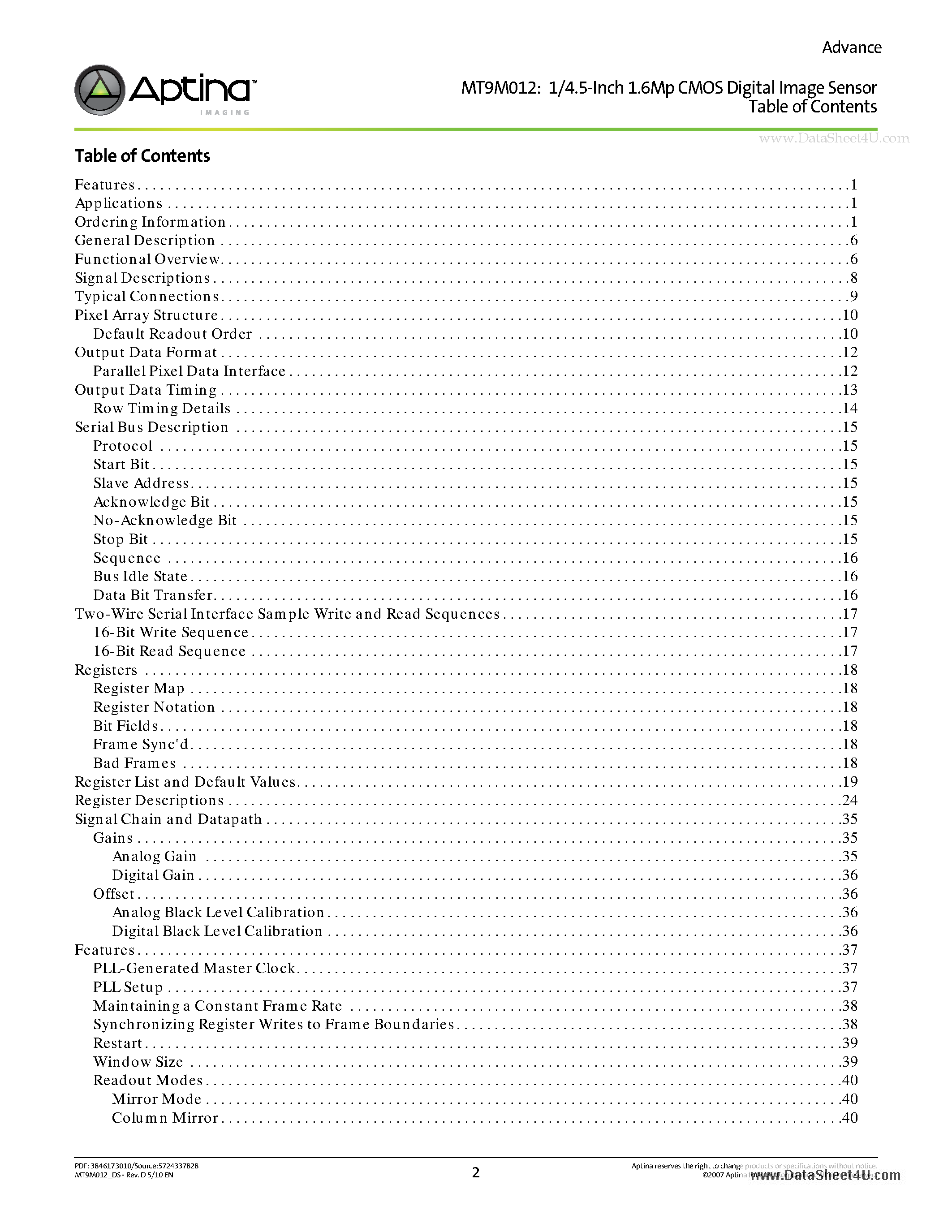 Datasheet MT9M012 page 2 Datasheet MT9M012 - 1/4.5-Inch 1.6Mp CMOS Digital Image Sensor page 2