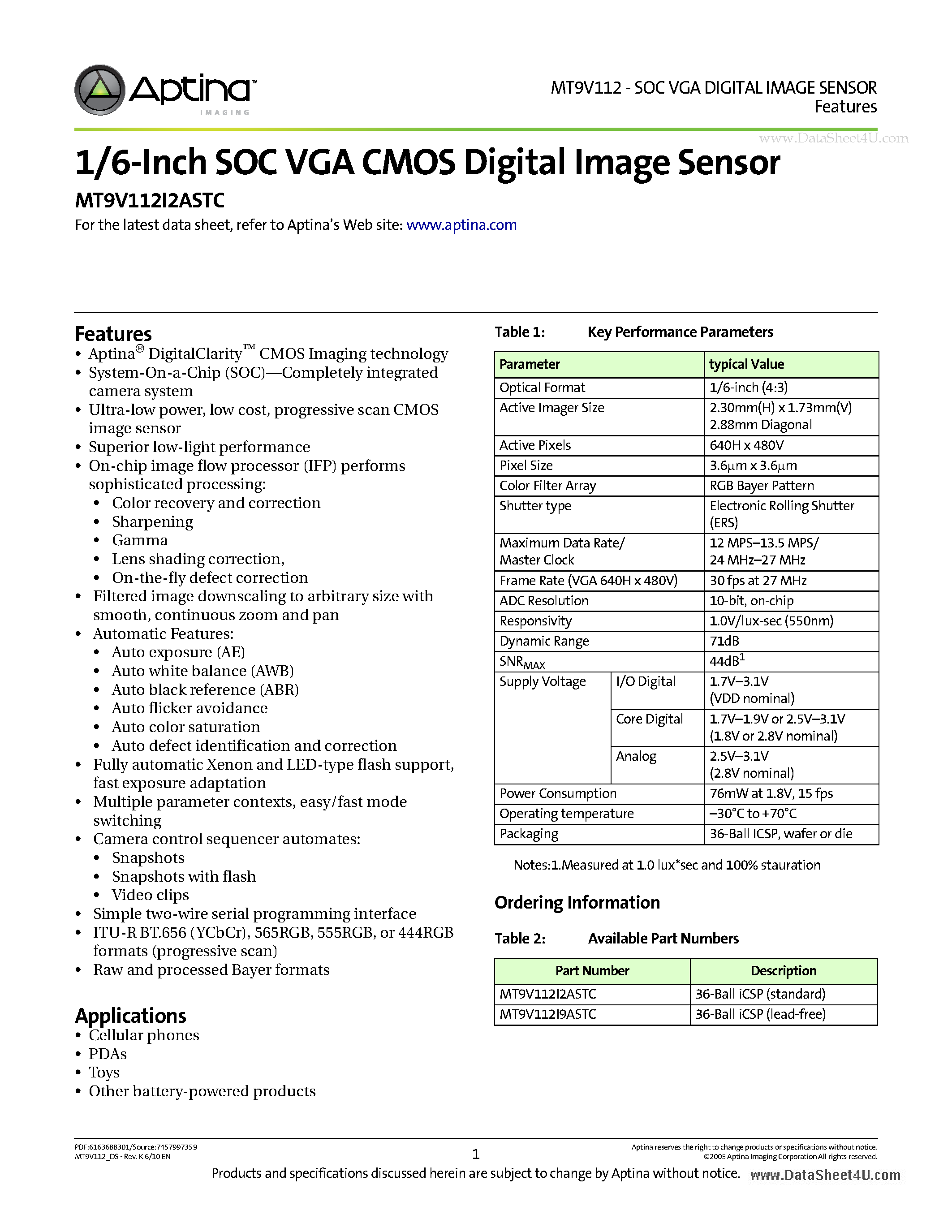 Datasheet MT9V112 - 1/6-Inch SOC VGA CMOS Digital Image Sensor page 1