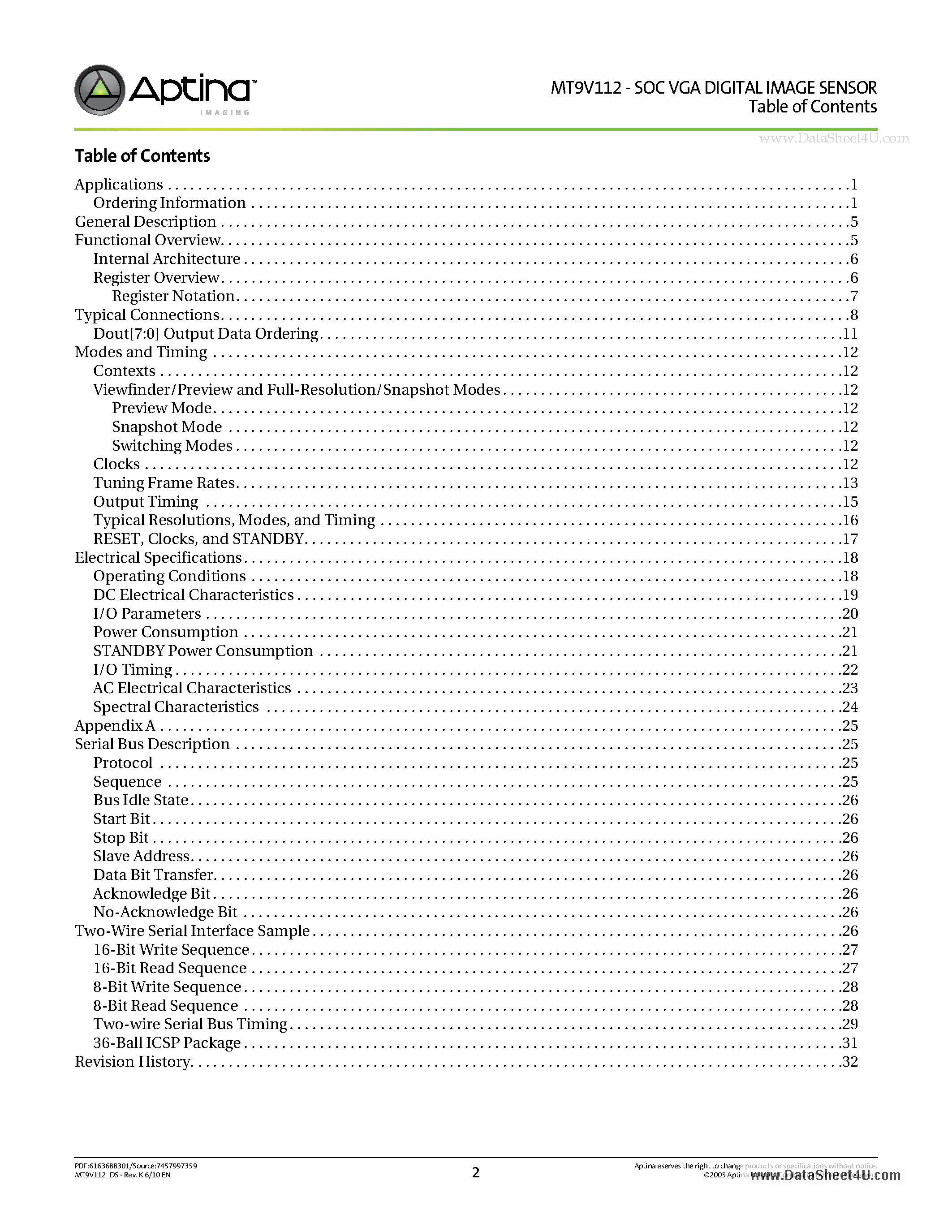 Datasheet MT9V112 - 1/6-Inch SOC VGA CMOS Digital Image Sensor page 2
