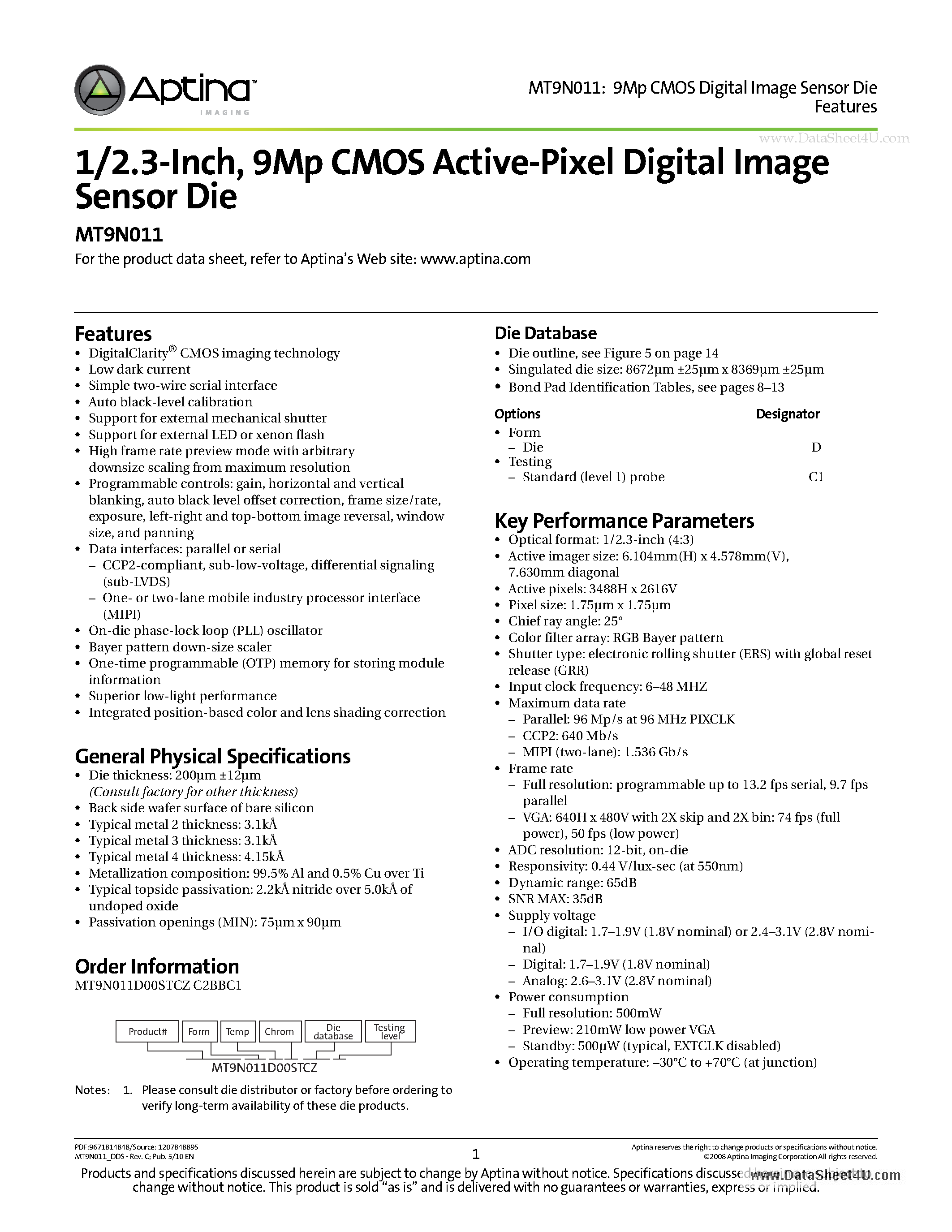 Даташит MT9N011 - 9Mp CMOS Active-Pixel Digital Image Sensor страница 1