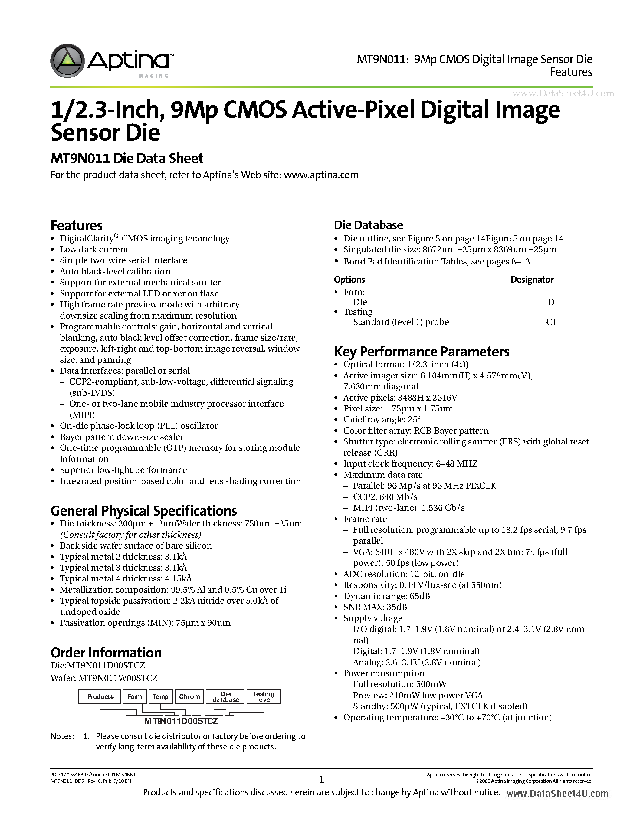 Даташит MT9N011 - 9Mp CMOS Active-Pixel Digital Image Sensor Die страница 1
