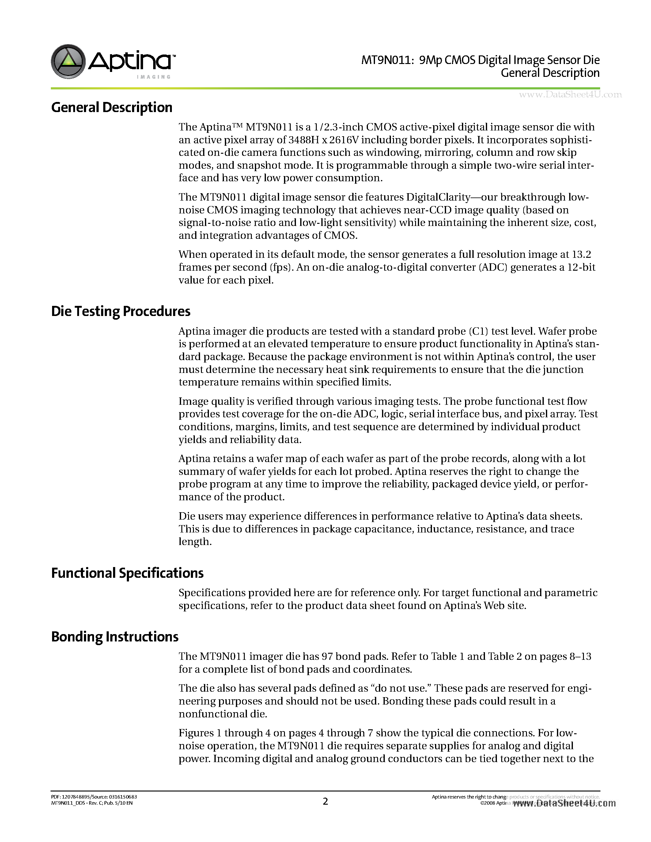 Даташит MT9N011 - 9Mp CMOS Active-Pixel Digital Image Sensor Die страница 2