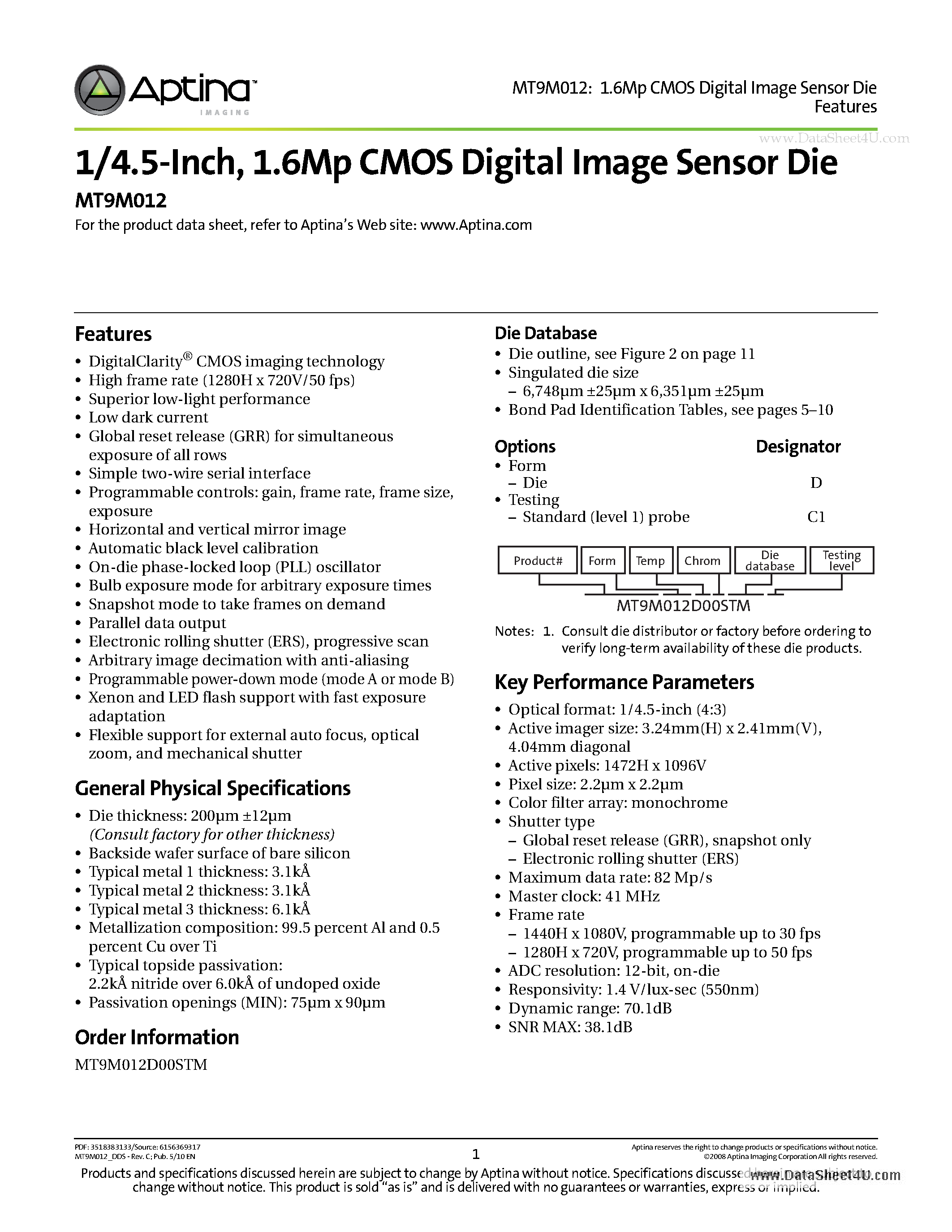 Datasheet MT9M012 - 1.6Mp CMOS Digital Image Sensor Die page 1
