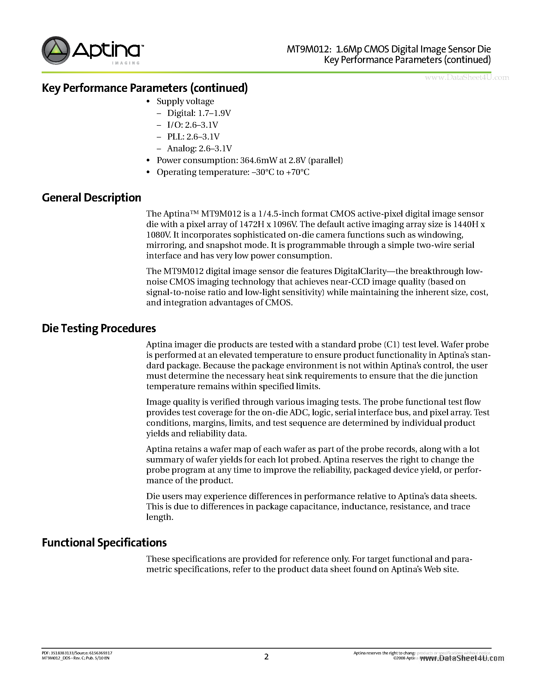 Datasheet MT9M012 - 1.6Mp CMOS Digital Image Sensor Die page 2