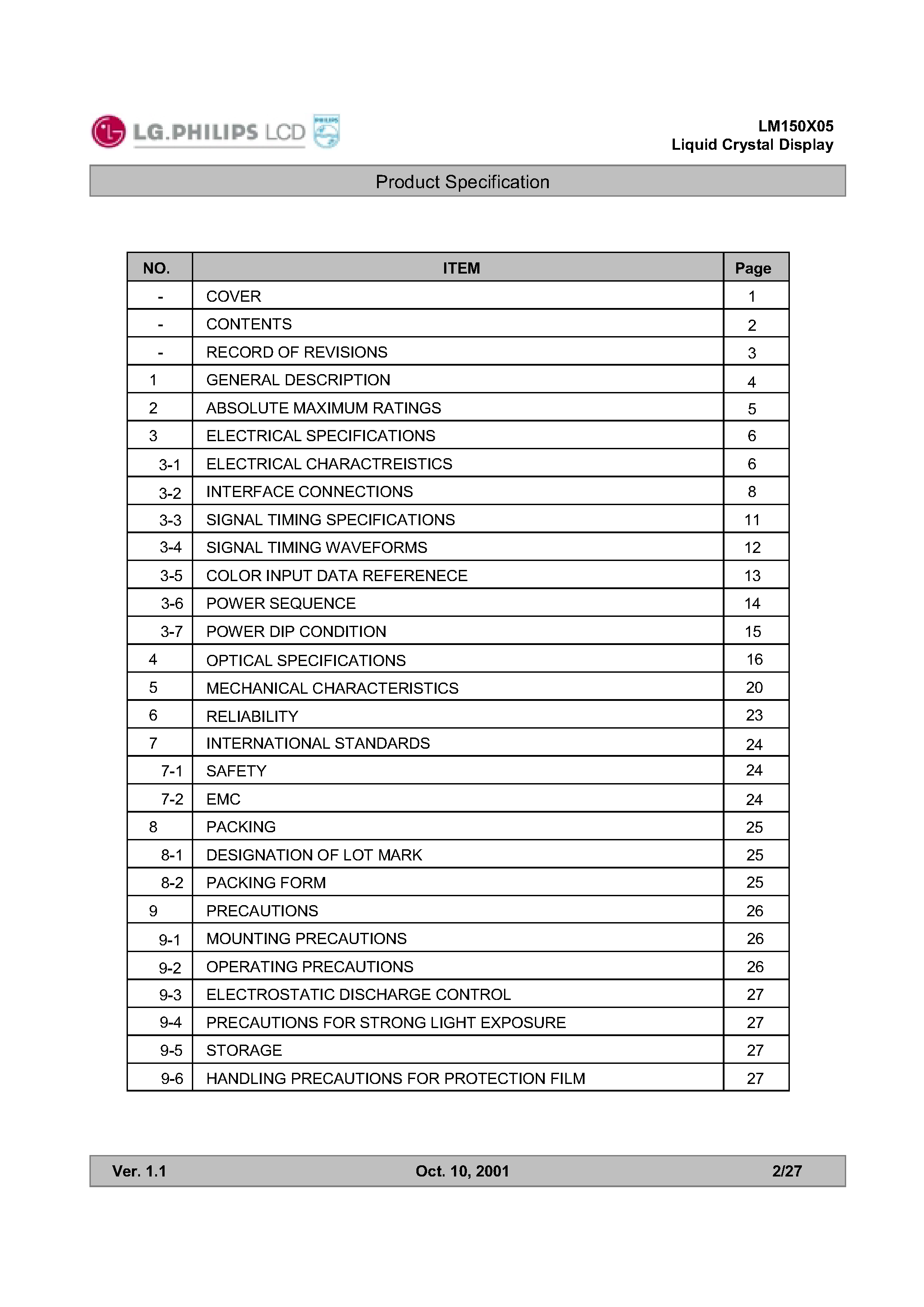 Даташит LM150X05 - COLOR ACTIVE MATRIX LIQUID CRYSTAL DISPLAY страница 2