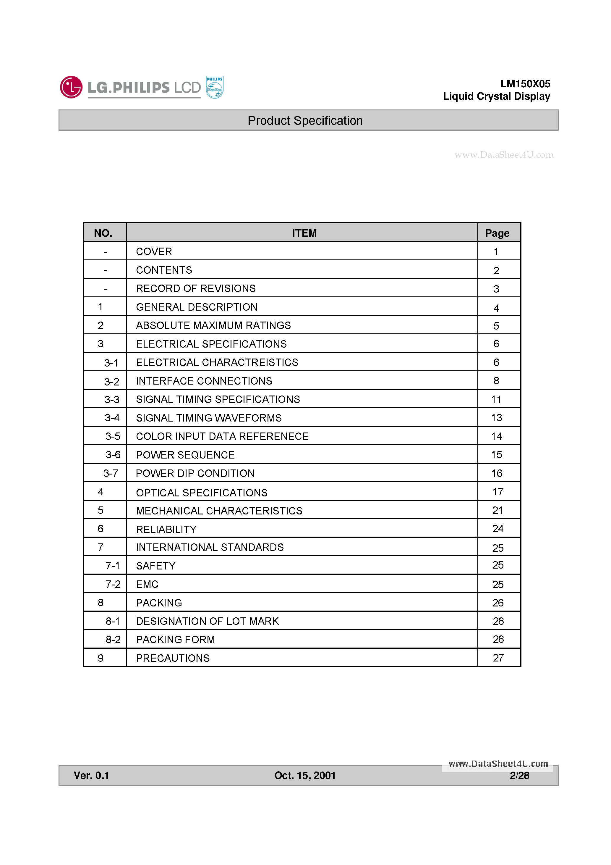 Datasheet LM150X05-E3 - TFt LCD page 2
