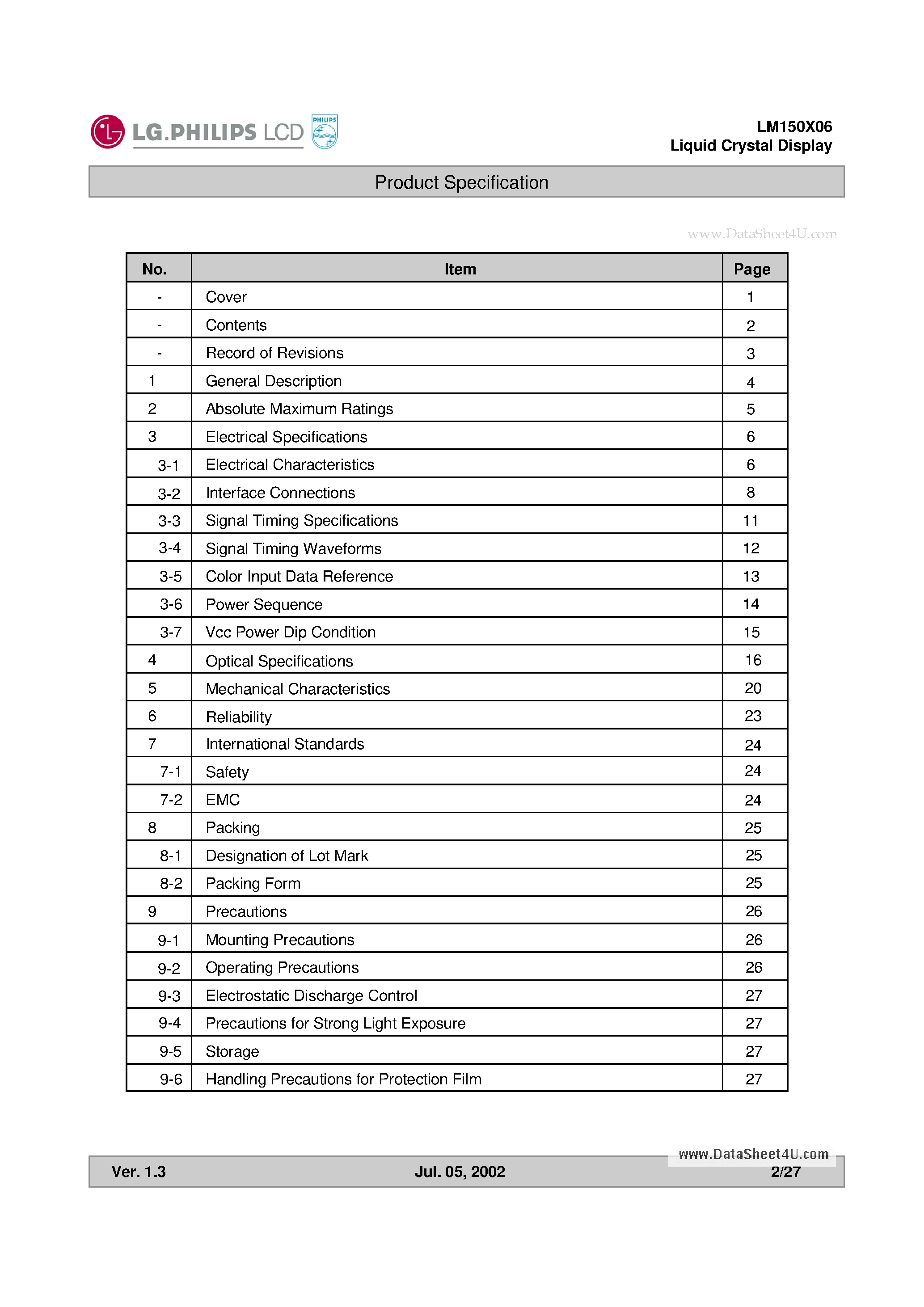 Datasheet LM150X06-A3M1 - TFt LCD page 2