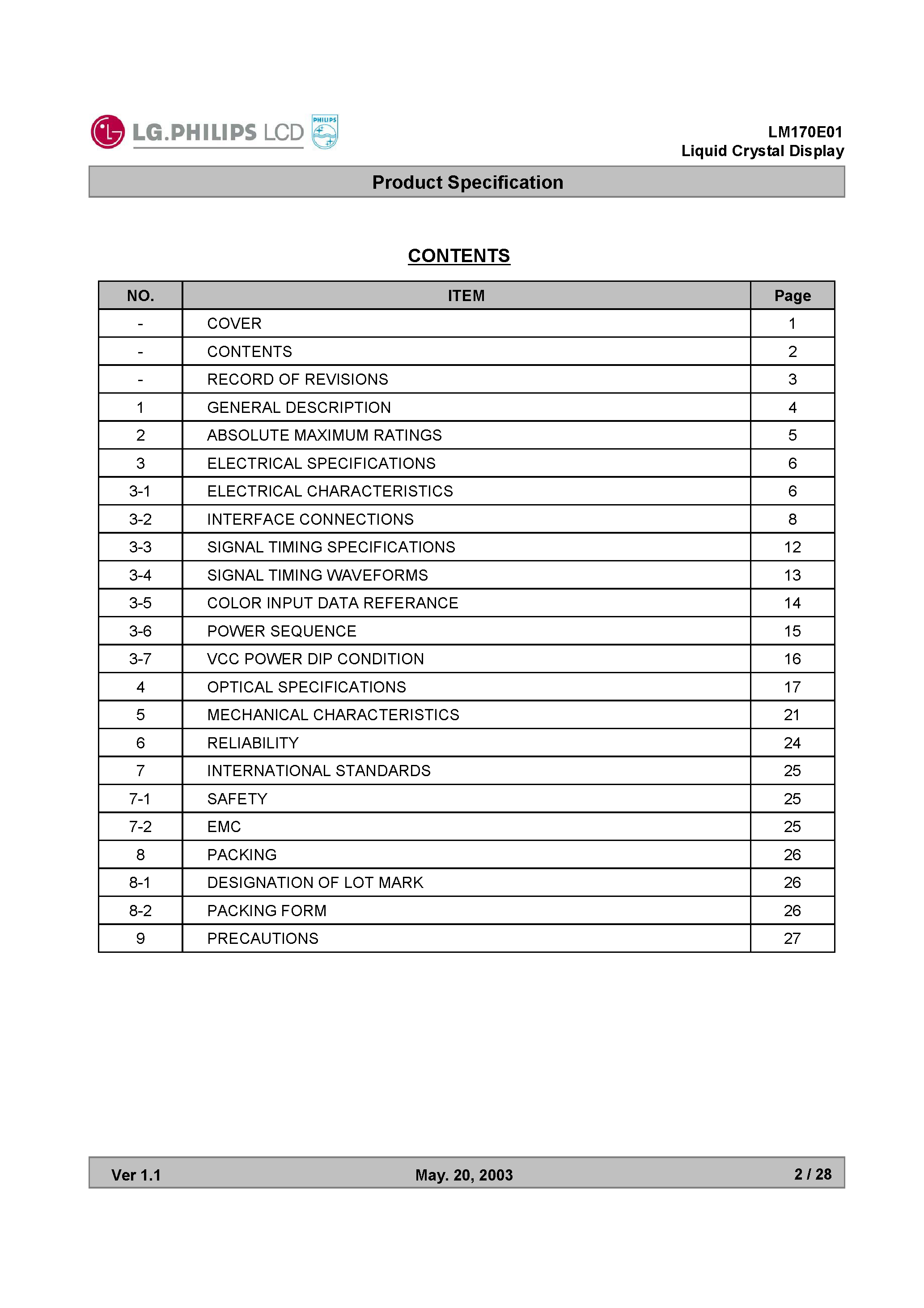 Datasheet LM170E01 - TFt LCD page 2
