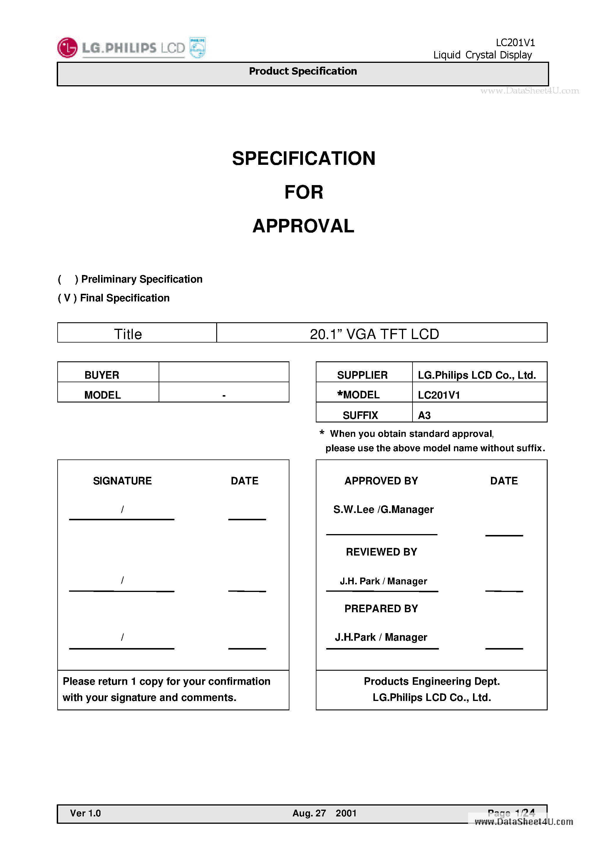 Datasheet LC201V1 page 1 Datasheet LC201V1 - TFt LCD page 1