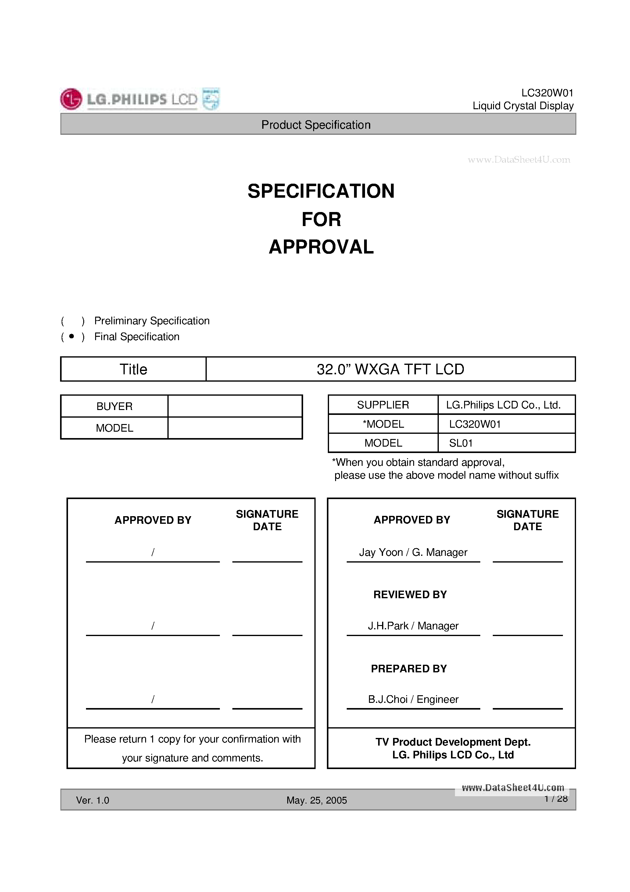 Даташит LC320W01-SL01 - WXGA TFT LCD страница 1