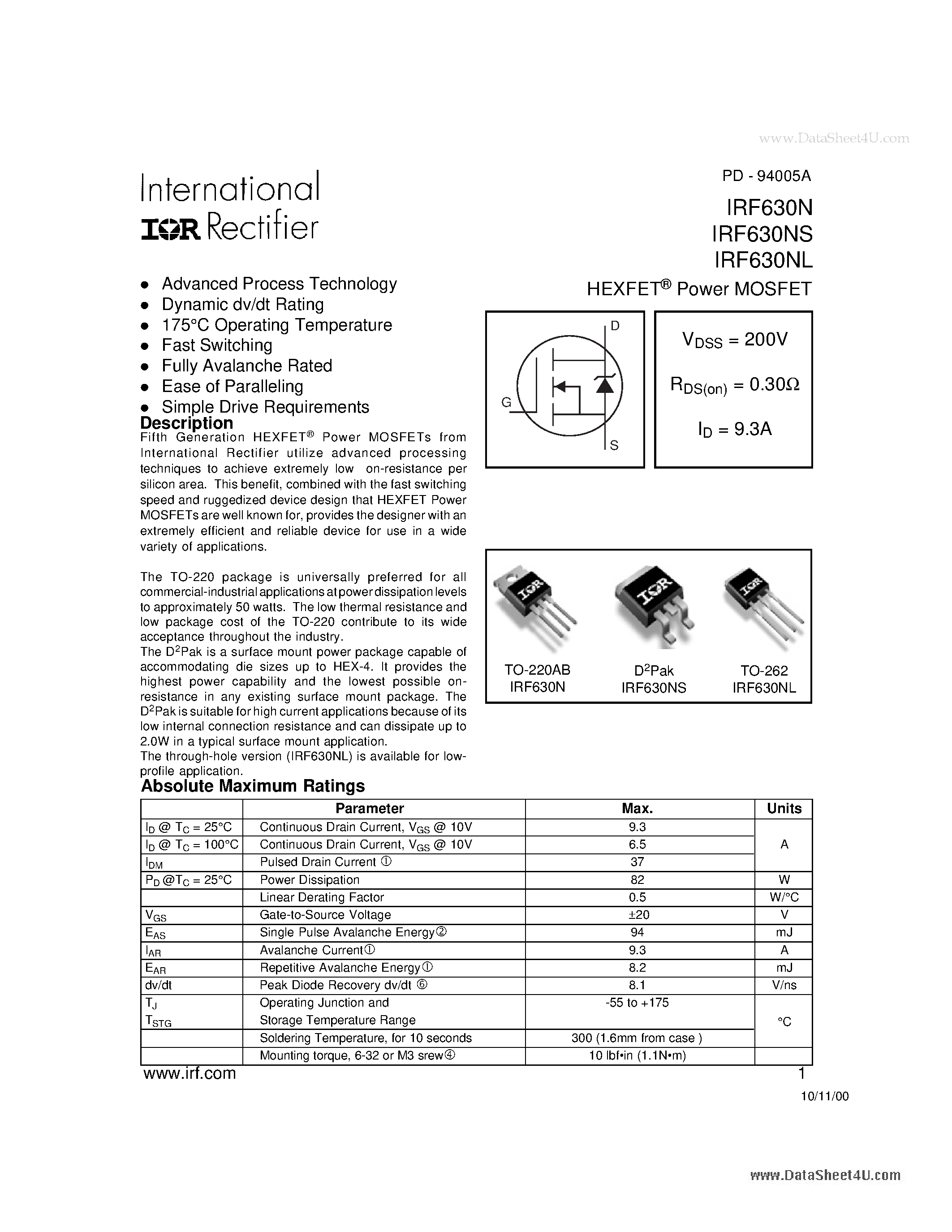 Datasheet F630NS - Search -----> IRF630NS page 1