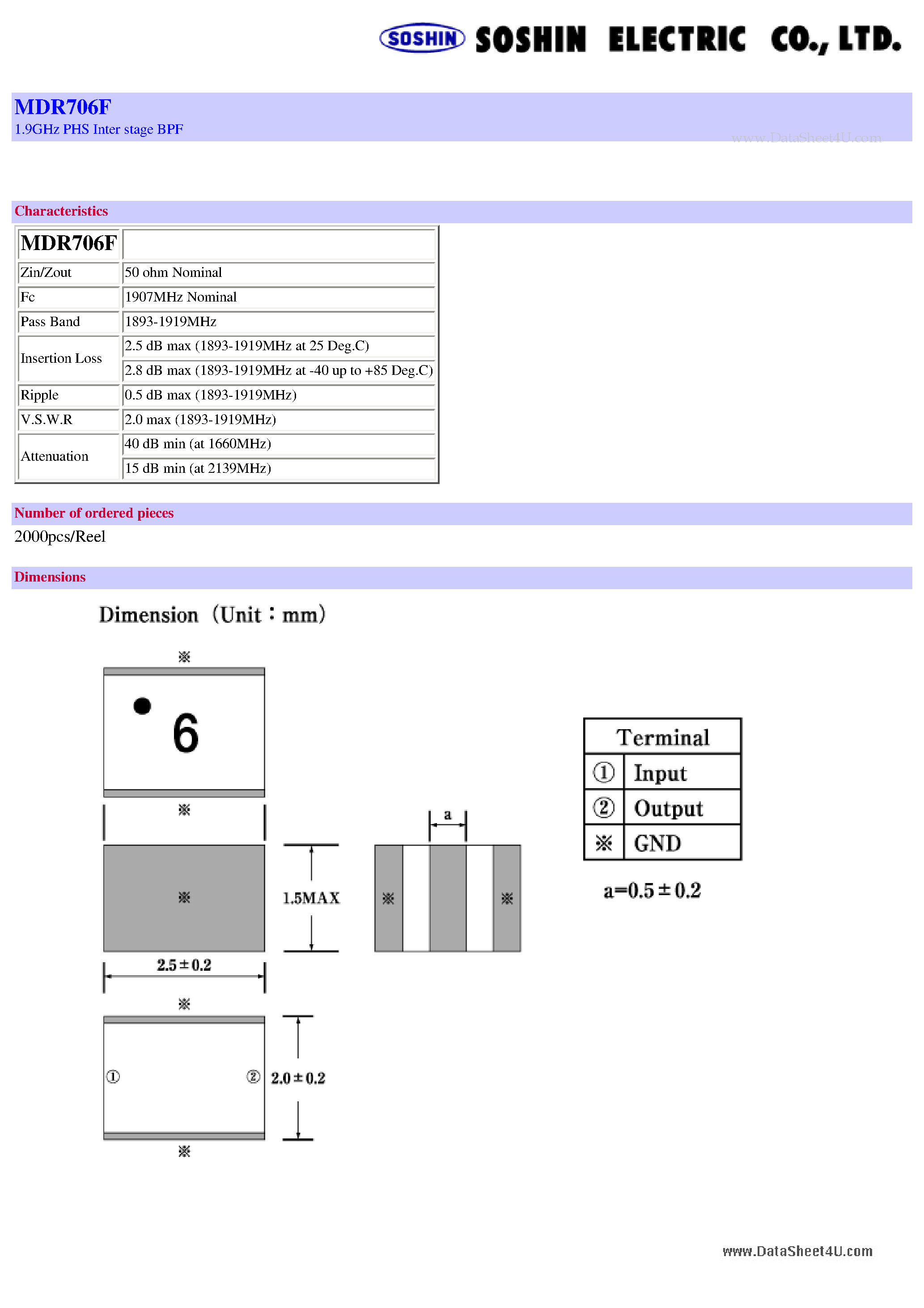 Datasheet MDR706F - 1.9GHz PHS Inter stage BPF page 1