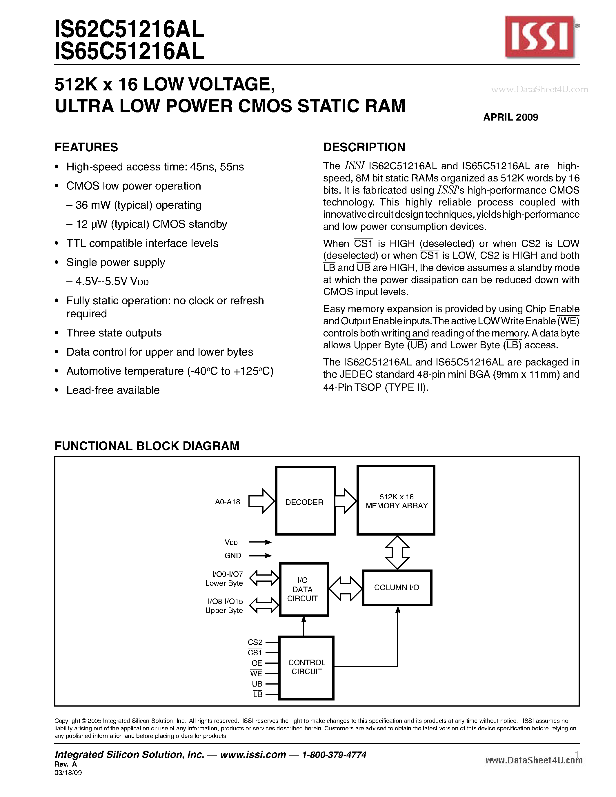 Даташит на микросхему IS62C51216AL страница 1 Даташит IS62C51216AL - ULTRA LOW POWER CMOS STATIC RAM страница 1