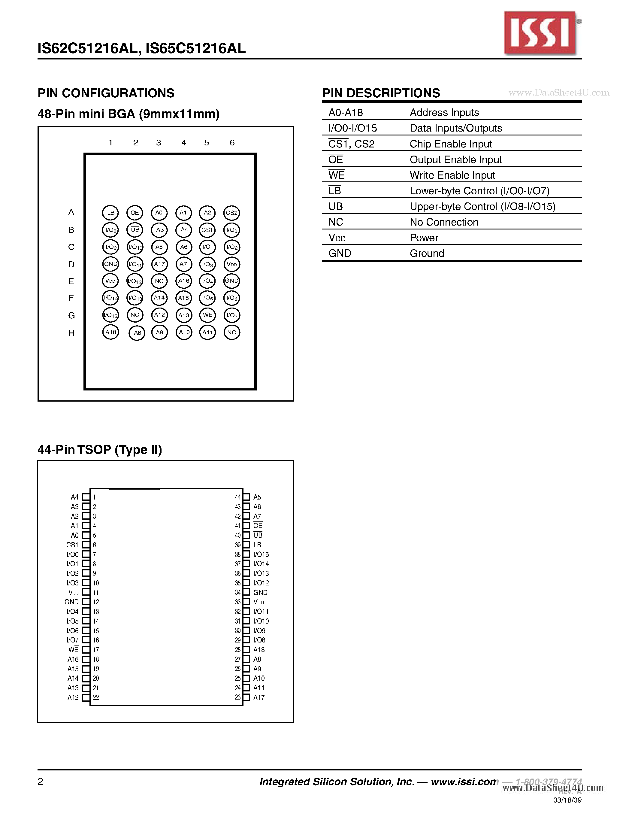 Даташит на микросхему IS62C51216AL страница 2 Даташит IS62C51216AL - ULTRA LOW POWER CMOS STATIC RAM страница 2