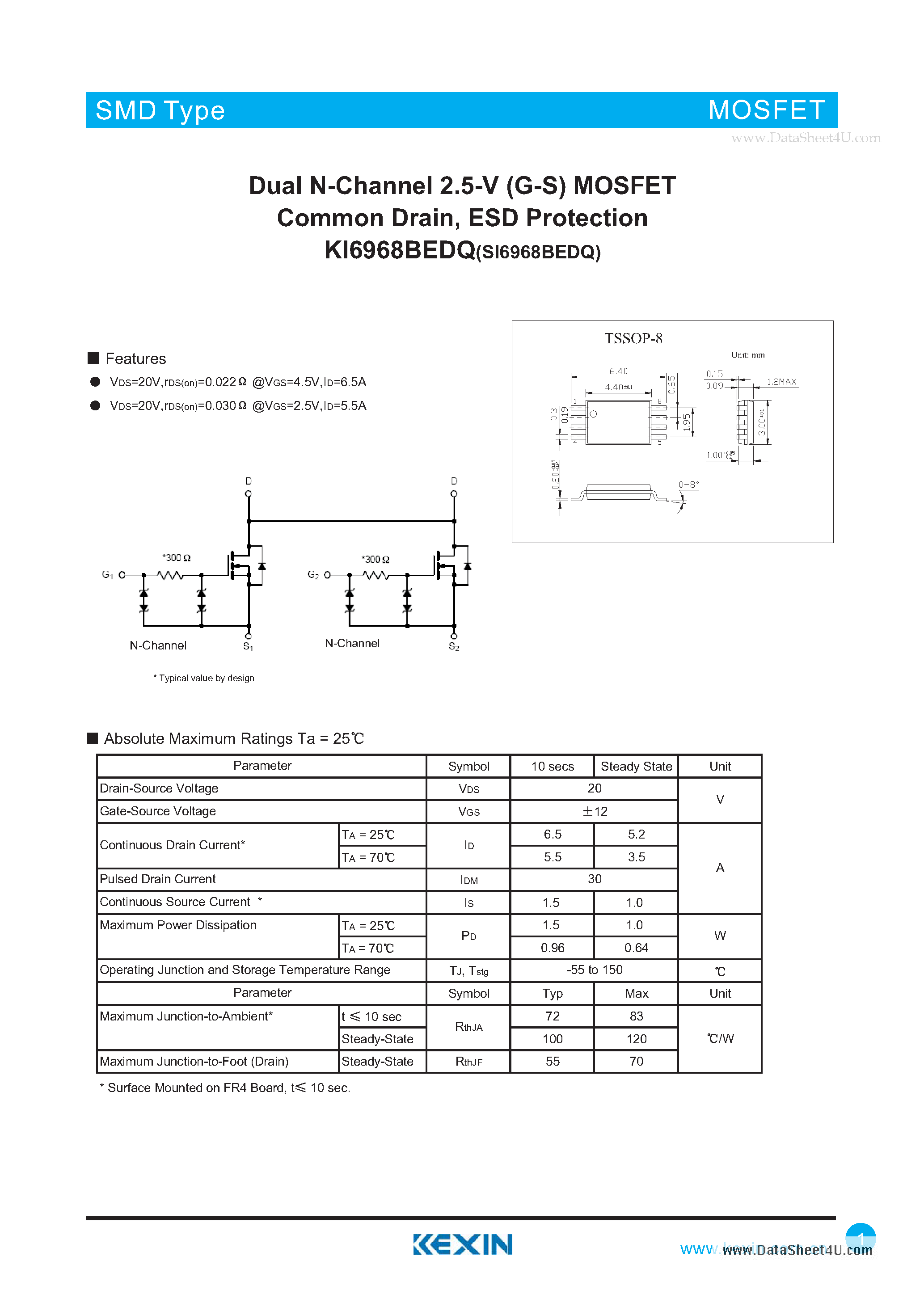 Datasheet KI6968BEDQ page 1 Datasheet KI6968BEDQ - Dual N-Channel 2.5-V (G-S) MOSFET Common Drain page 1