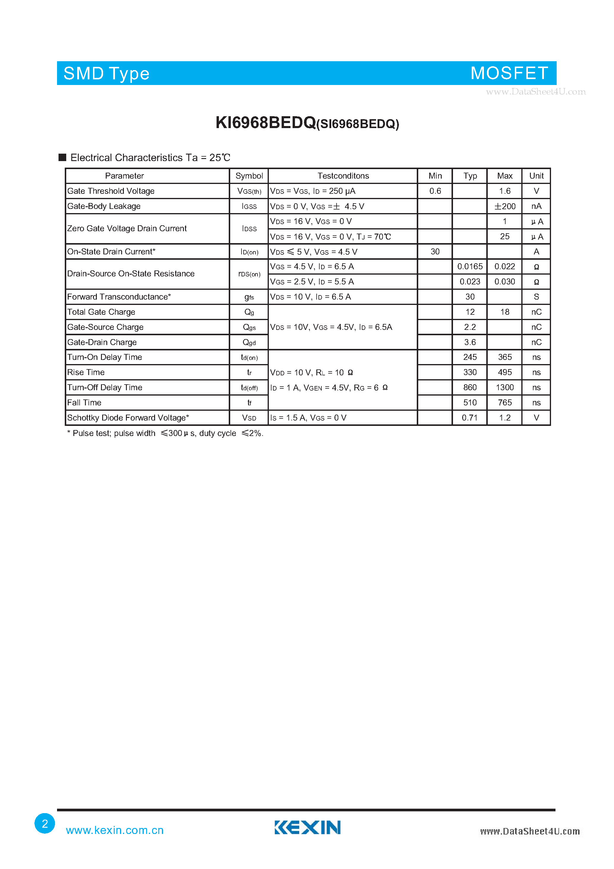 Datasheet KI6968BEDQ page 2 Datasheet KI6968BEDQ - Dual N-Channel 2.5-V (G-S) MOSFET Common Drain page 2