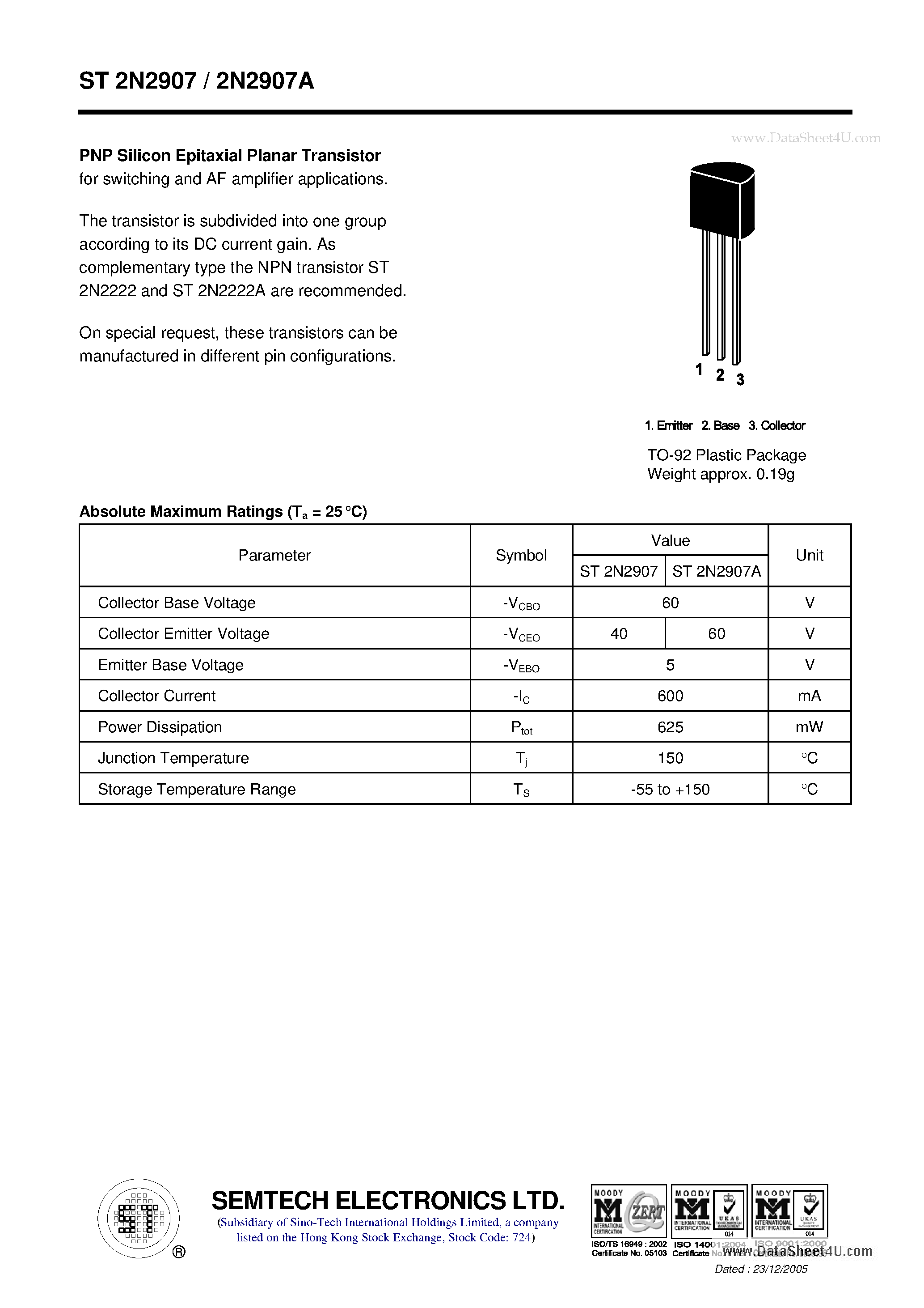 Datasheet ST2N2907 page 1 Datasheet ST2N2907 - PNP Silicon Epitaxial Planar Transistor page 1