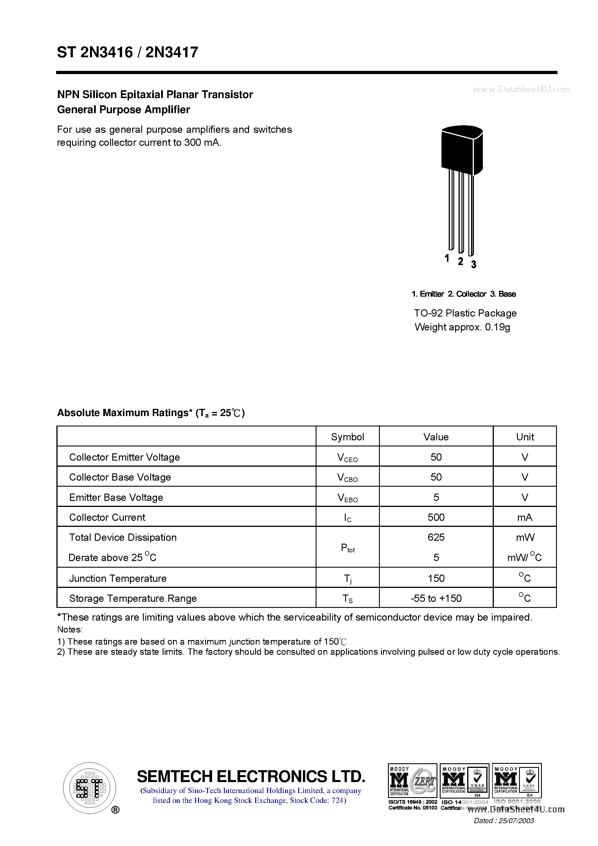 Datasheet ST2N3416 page 1 Datasheet ST2N3416 - NPN Silicon Epitaxial Planar Transistor General Purpose Amplifier page 1