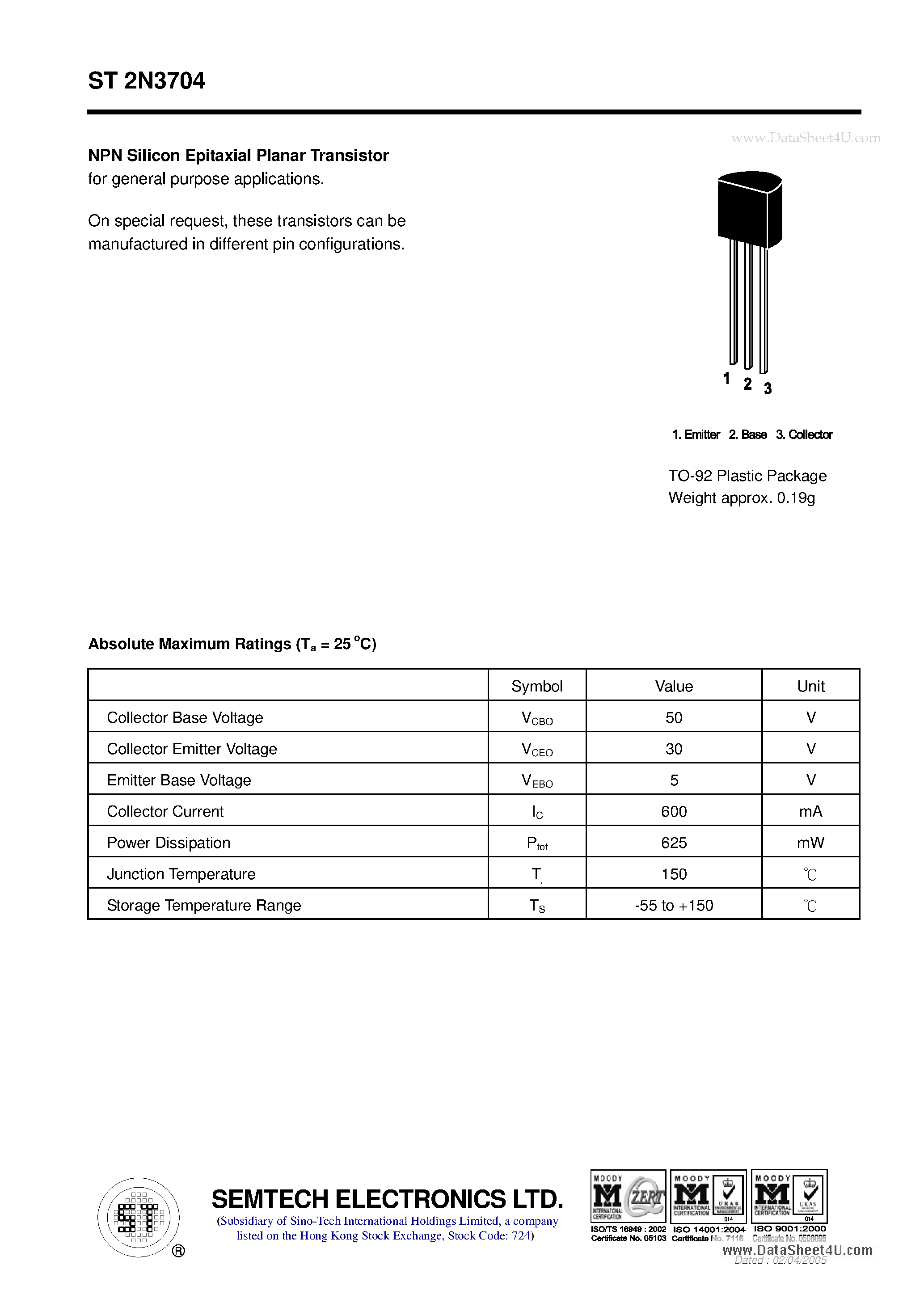 Datasheet ST2N3704 page 1 Datasheet ST2N3704 - NPN Silicon Epitaxial Planar Transistor page 1
