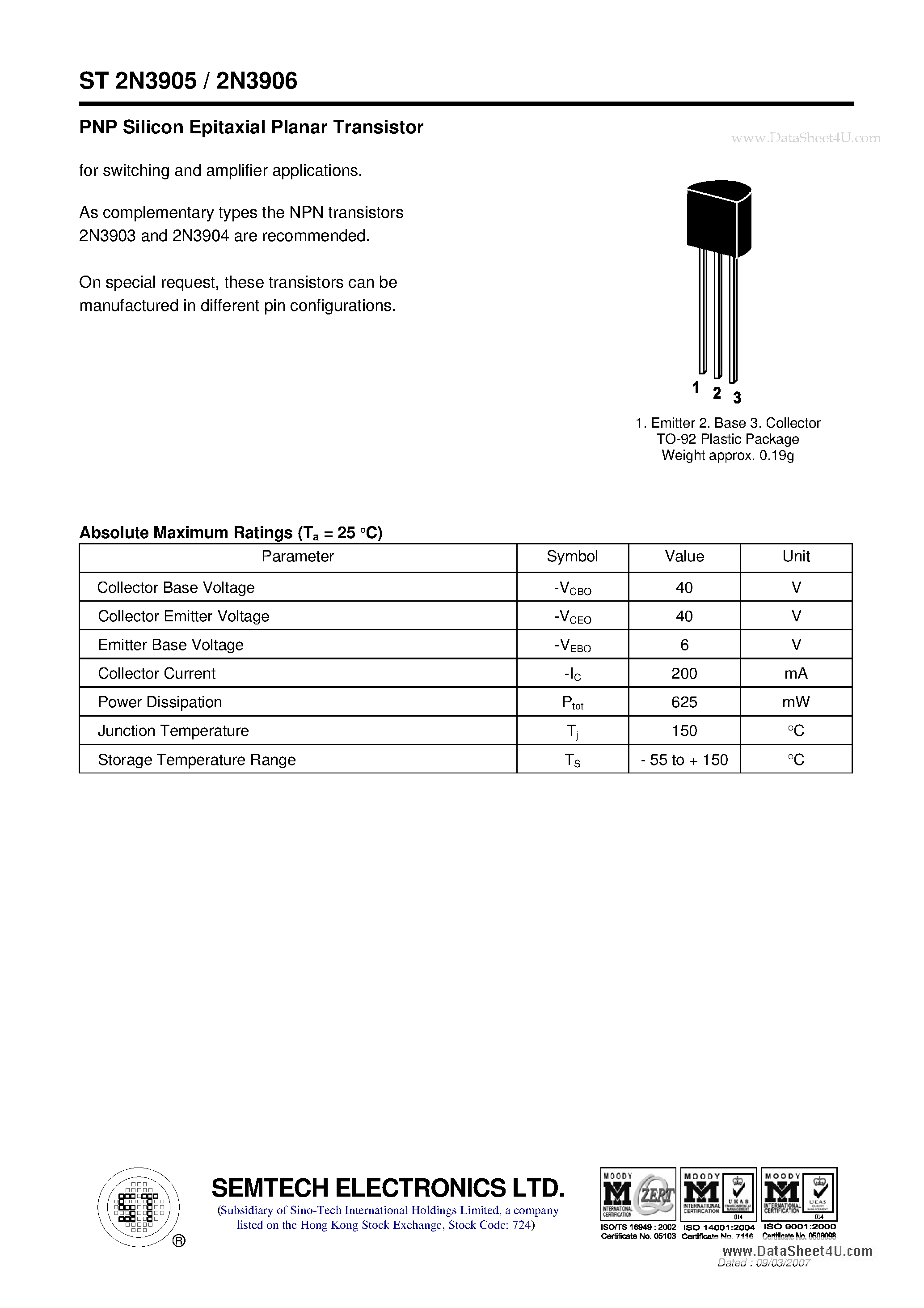 Datasheet ST2N3905 page 1 Datasheet ST2N3905 - PNP Silicon Epitaxial Planar Transistor page 1