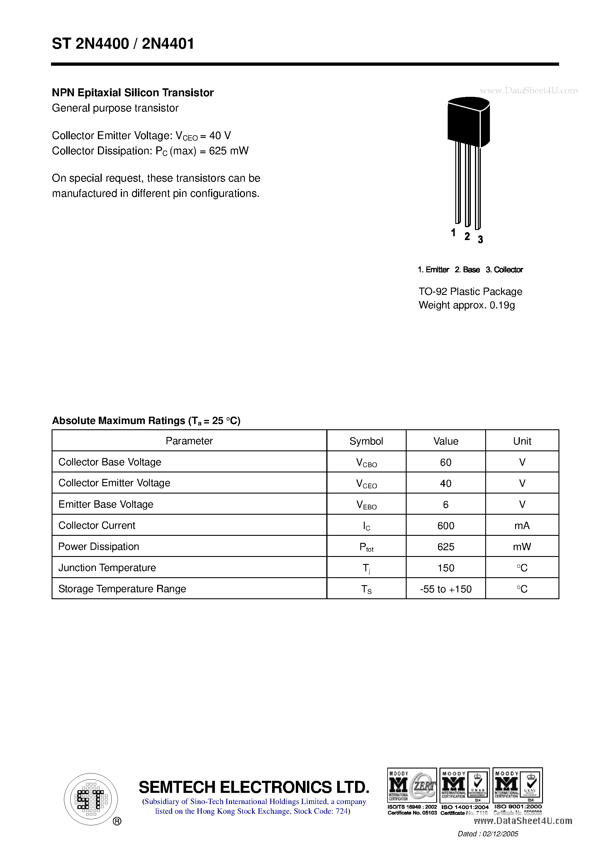 Datasheet ST2N4400 page 1 Datasheet ST2N4400 - NPN Silicon Epitaxial Planar Transistor page 1