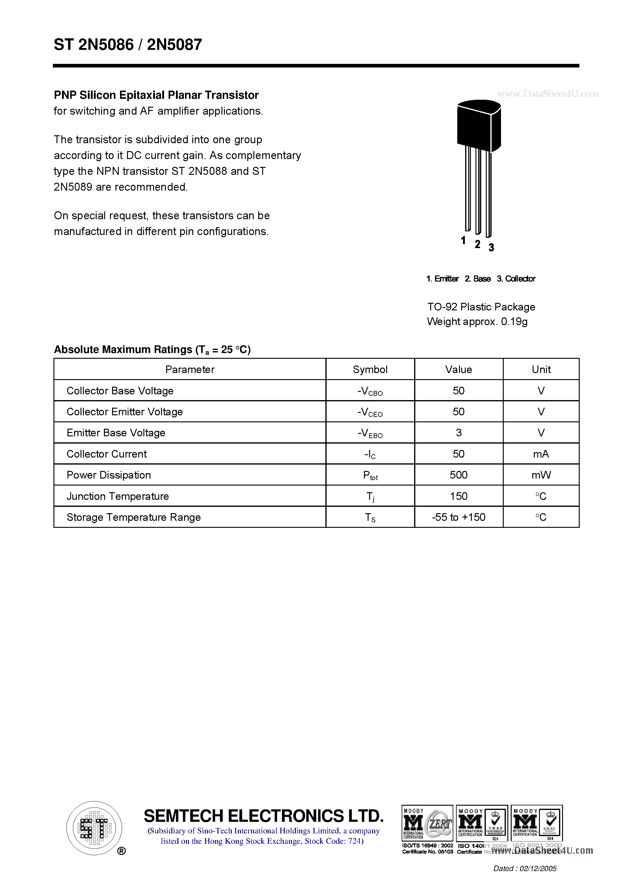 Datasheet ST2N5086 page 1 Datasheet ST2N5086 - NPN Silicon Epitaxial Planar Transistor page 1