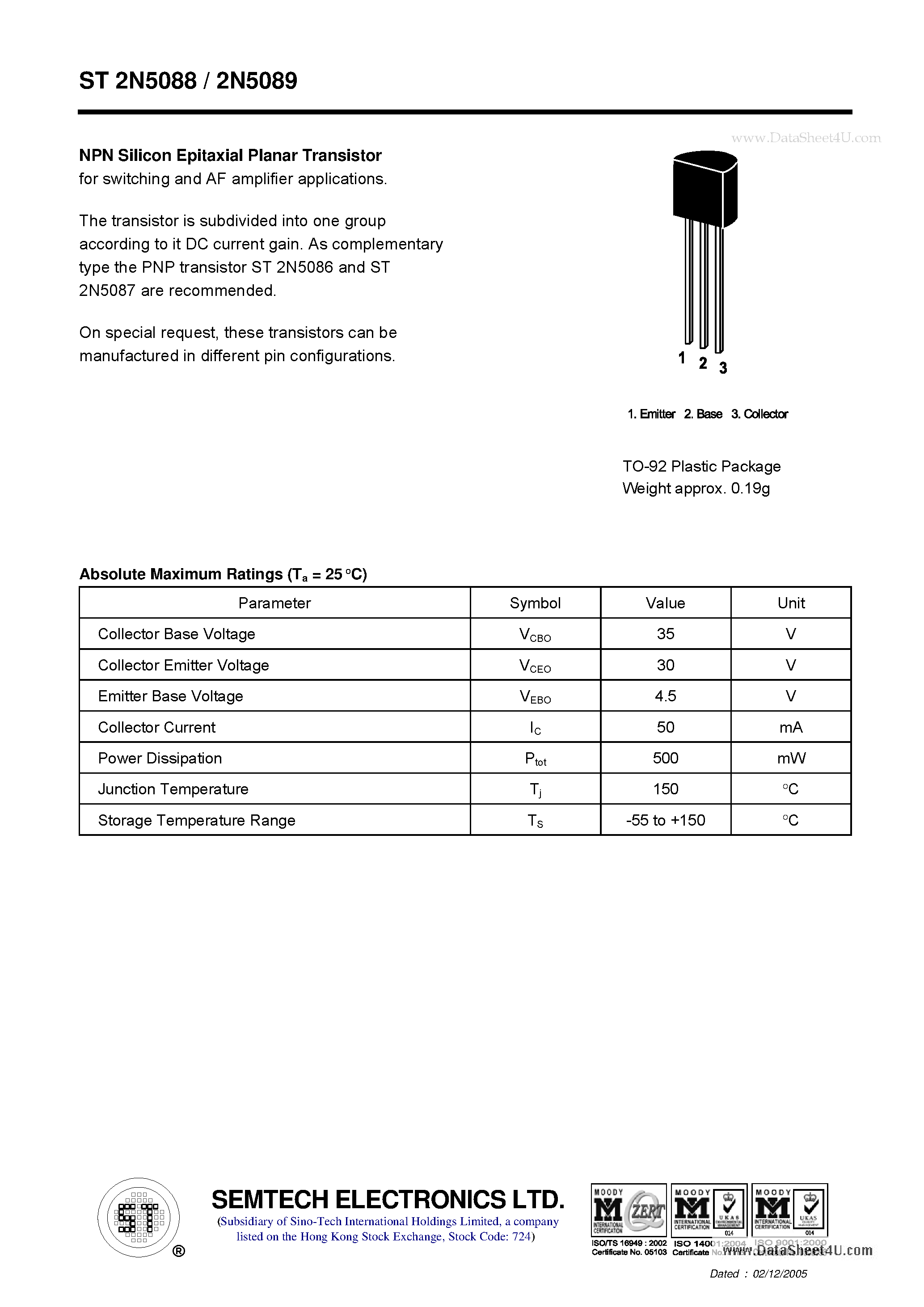Datasheet ST2N5088 page 1 Datasheet ST2N5088 - NPN Silicon Epitaxial Planar Transistor page 1