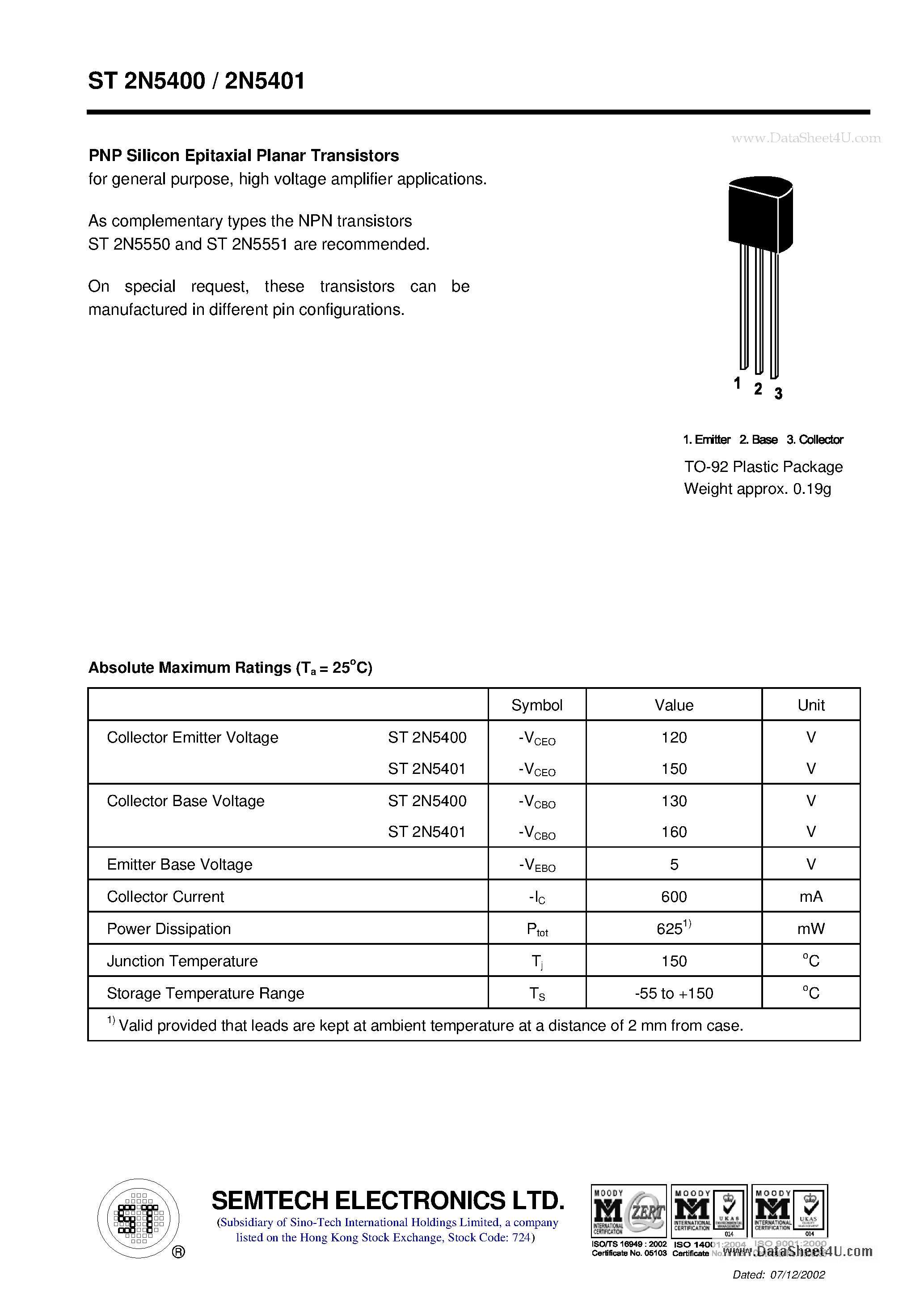 Datasheet ST2N5400 page 1 Datasheet ST2N5400 - PNP Silicon Epitaxial Planar Transistor page 1